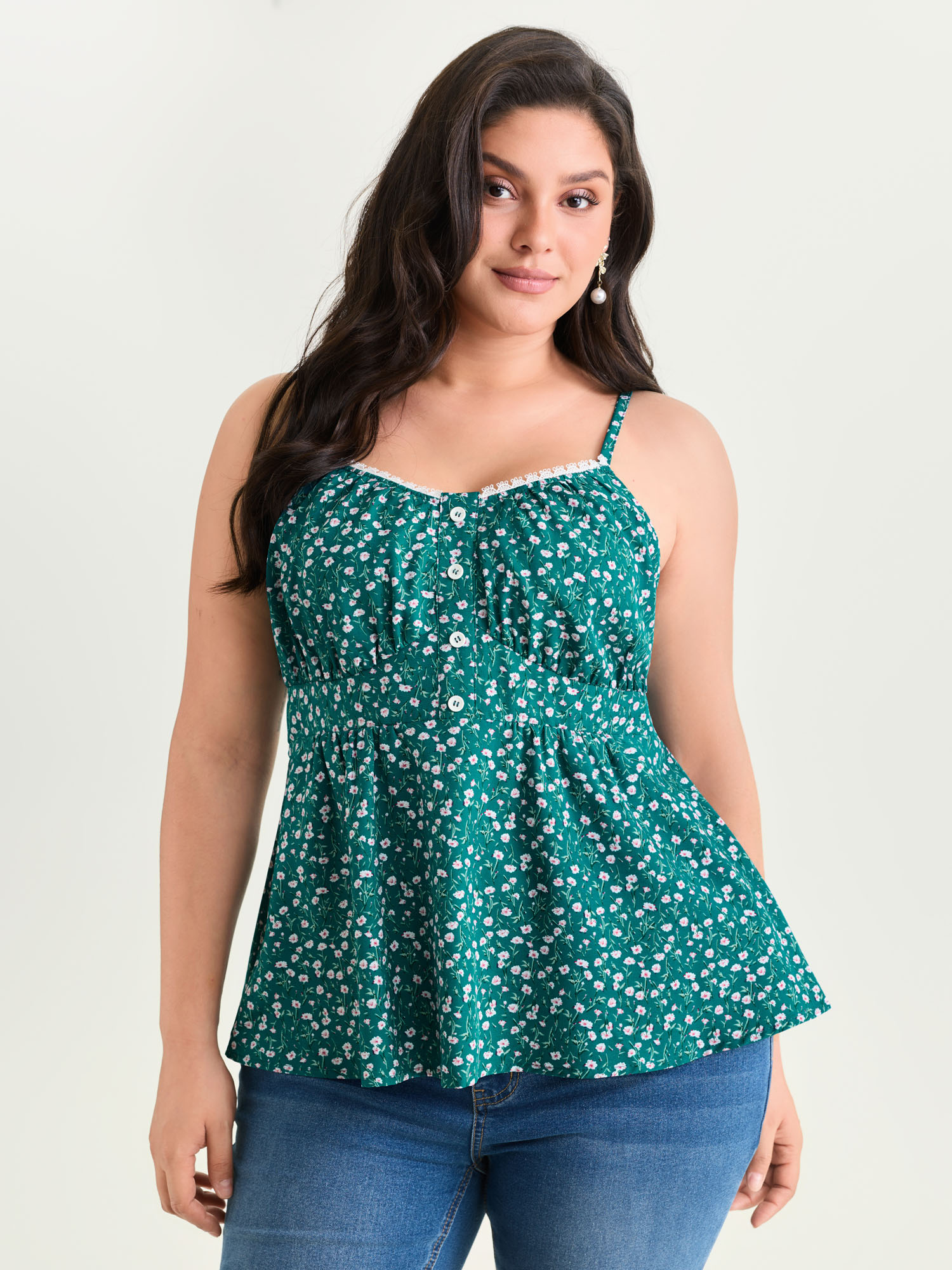 BloomChic Women's Plus Size Retro Floral Print Lace Trim Tank Top Emerald Everyday-Elegant A-line 22-24/3X