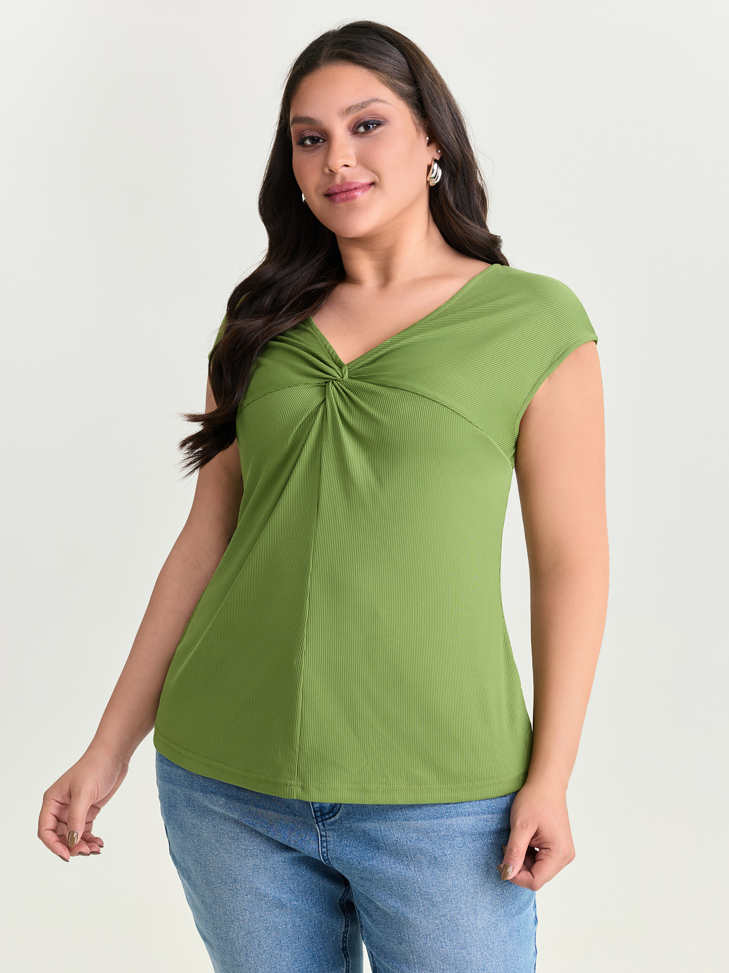 BloomChic Women's Plus Size Stretchy Knotted Front Plain Knit Top Applegreen Cap Sleeve Everyday-Elegant V-Neck 10/M