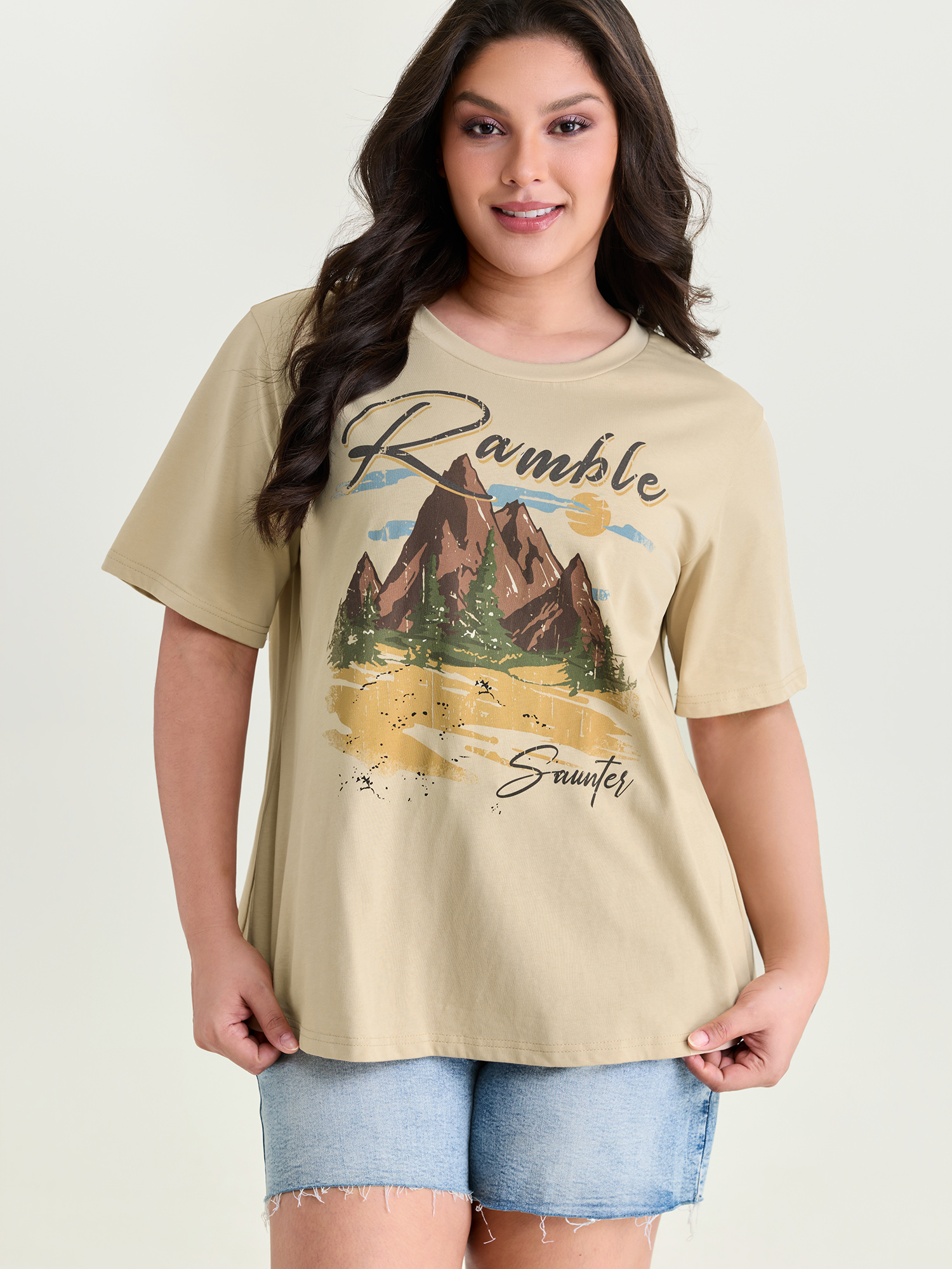 BloomChic Women's Plus Size Cotton Vacation-Ready Print T-Shirt Denimivory Solid Everyday-Casual Short sleeve Round Neck 10/M