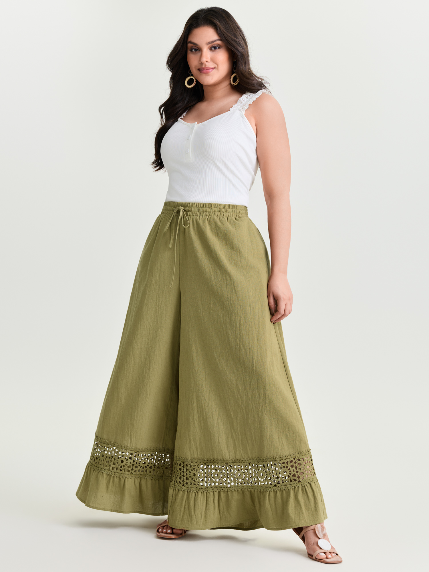 BloomChic Women's Plus Size Cotton Lace Trim Drawstring Waist Wide Leg Pants Mustardyellow Solid Flared Mid Rise 14-16/1X