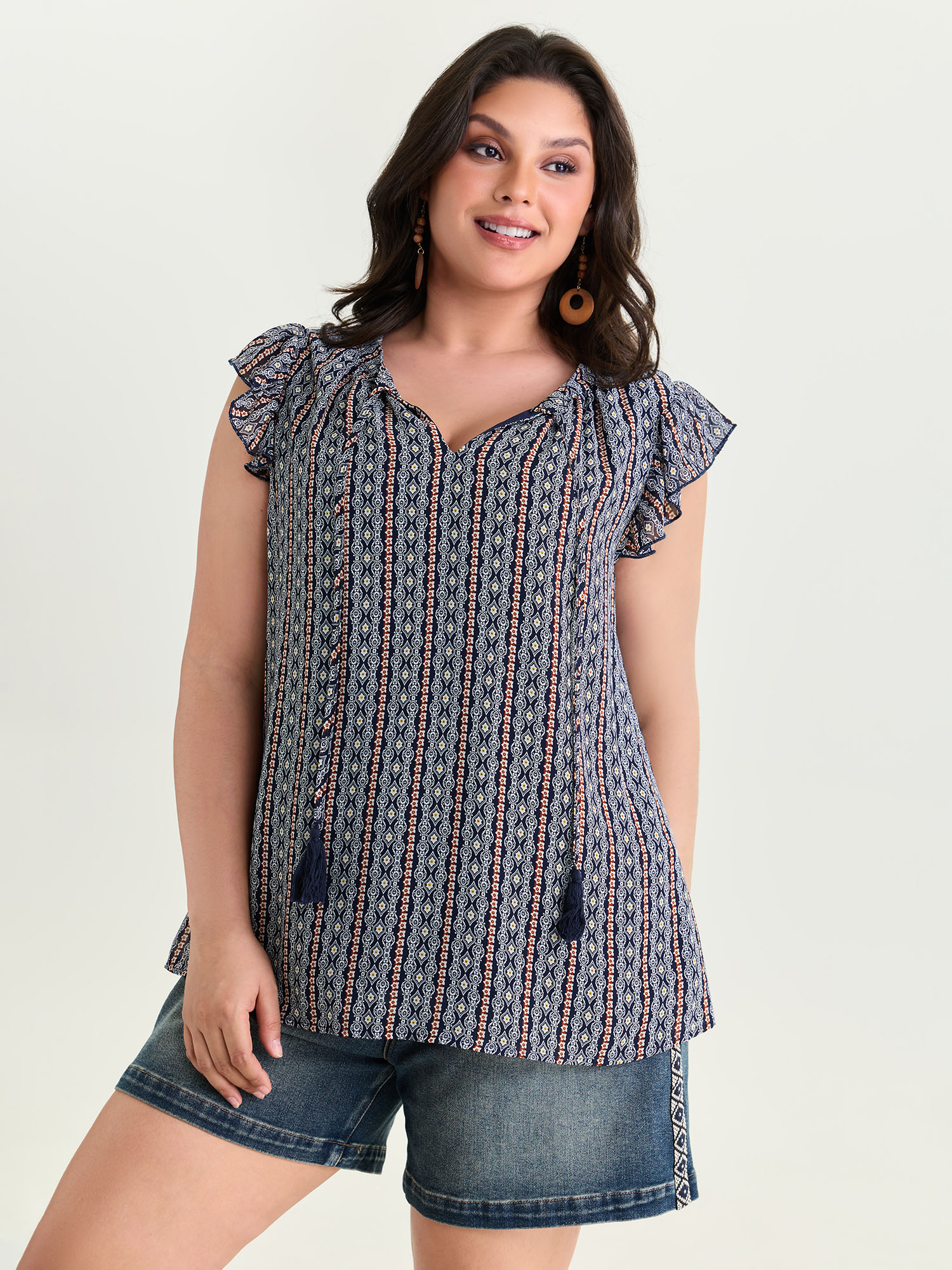 BloomChic Women's Plus Size Geometric Print Flutter Sleeve Tassels Blouse DarkBlue Ethnic Floral Vacation Cap Sleeve V-Notch Neck 12/L