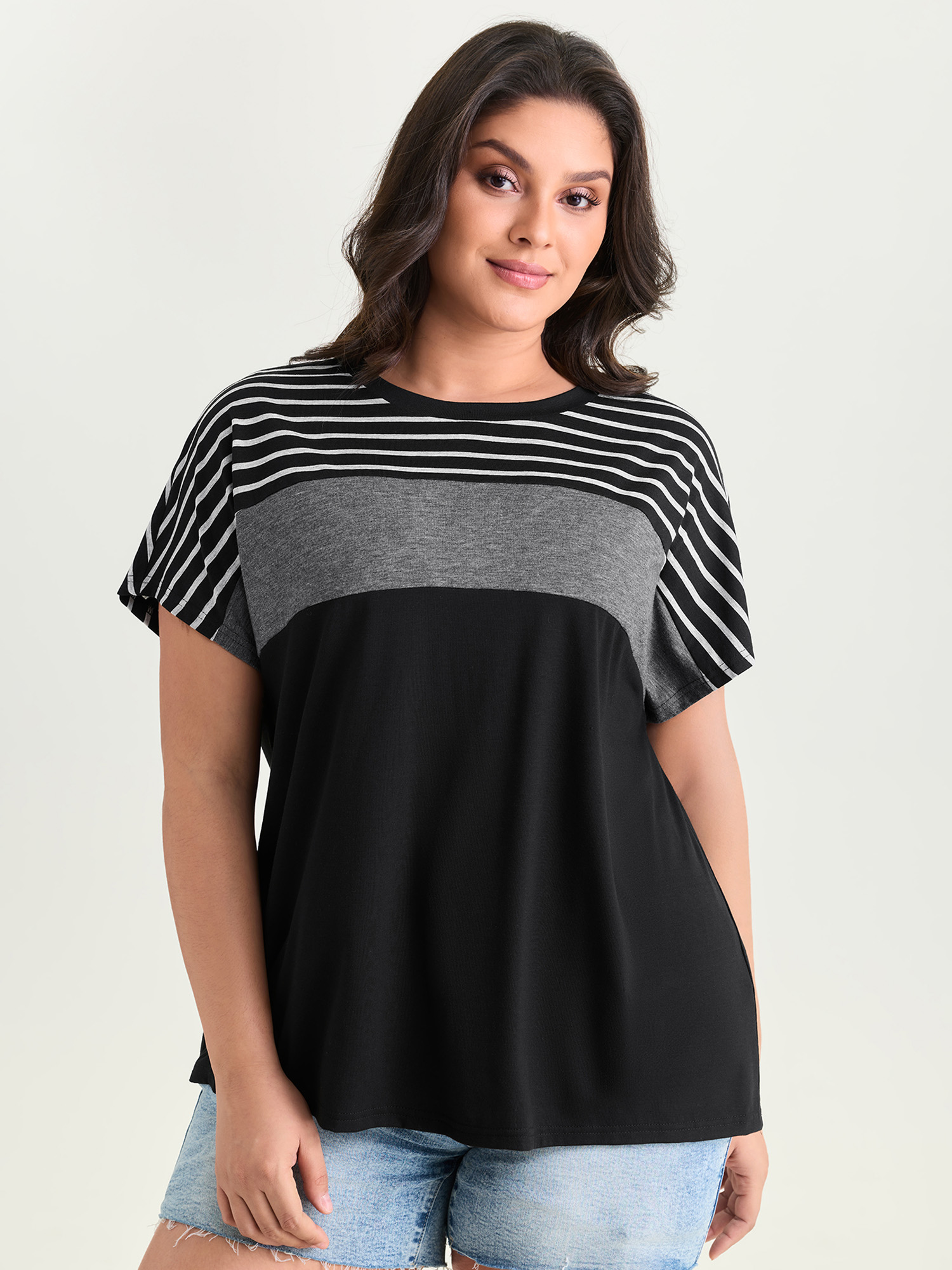 BloomChic Plus Size Supersoft Striped Print Color Contrast T-Shirt - Women's Multicolor Stripes Round Neck Comfort Midsection Fit Short sleeve Americana Daily T-shirts 16/L