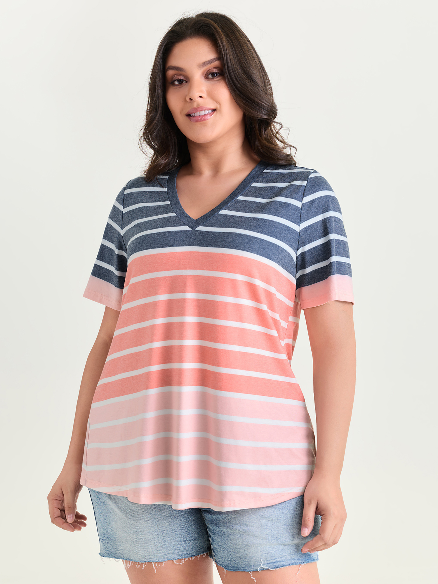 BloomChic Women's Plus Size Supersoft Stretchy Colorful Striped Print V-Neck T-Shirt DarkBlue Stripes Everyday-Casual Short sleeve V-Neck 10/M