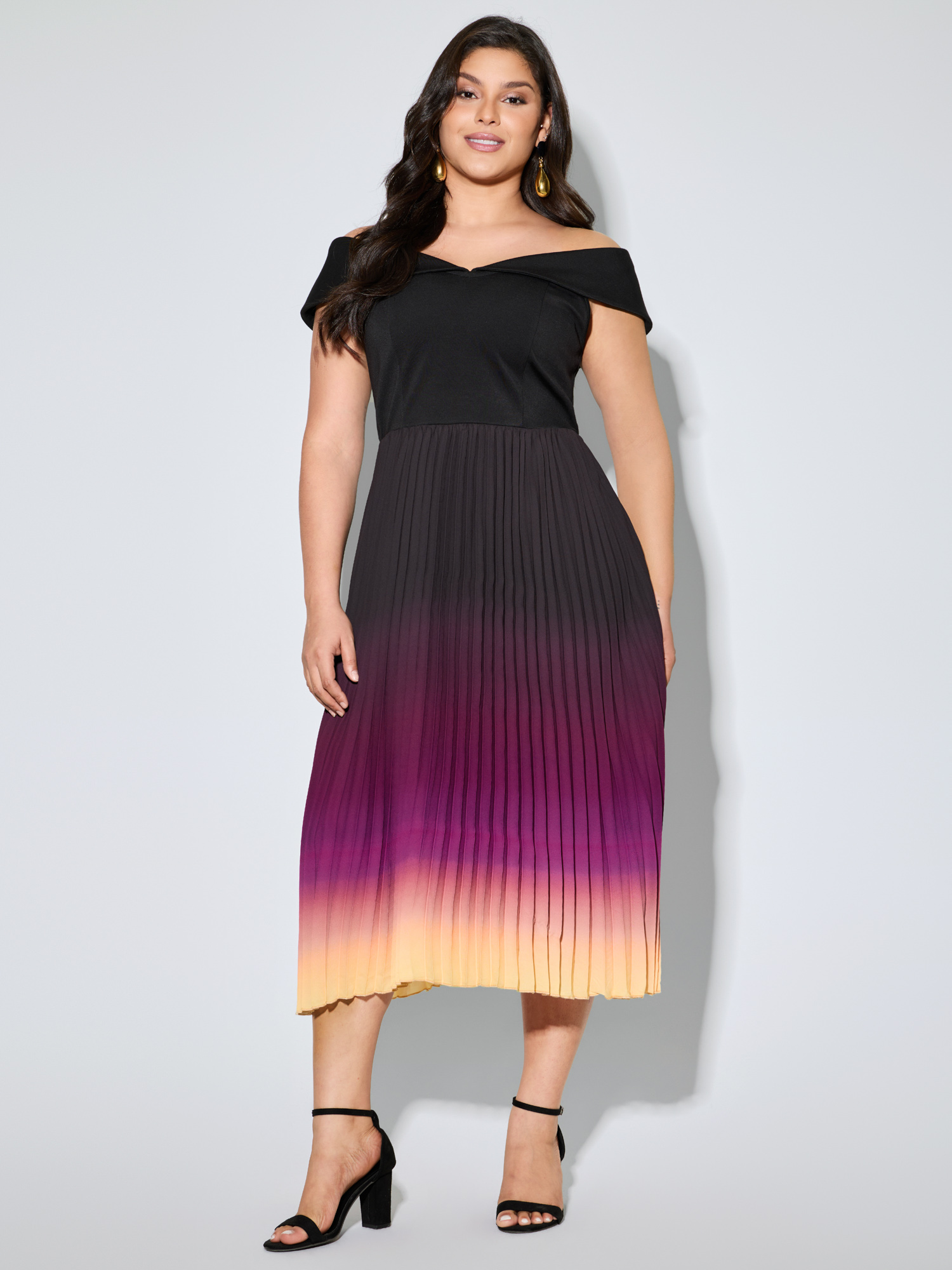 BloomChic Women's Plus Size Ombre Gradient Pleated Off-Shoulder Midi Dress Multicolor Midi Occasion 18-20/2X