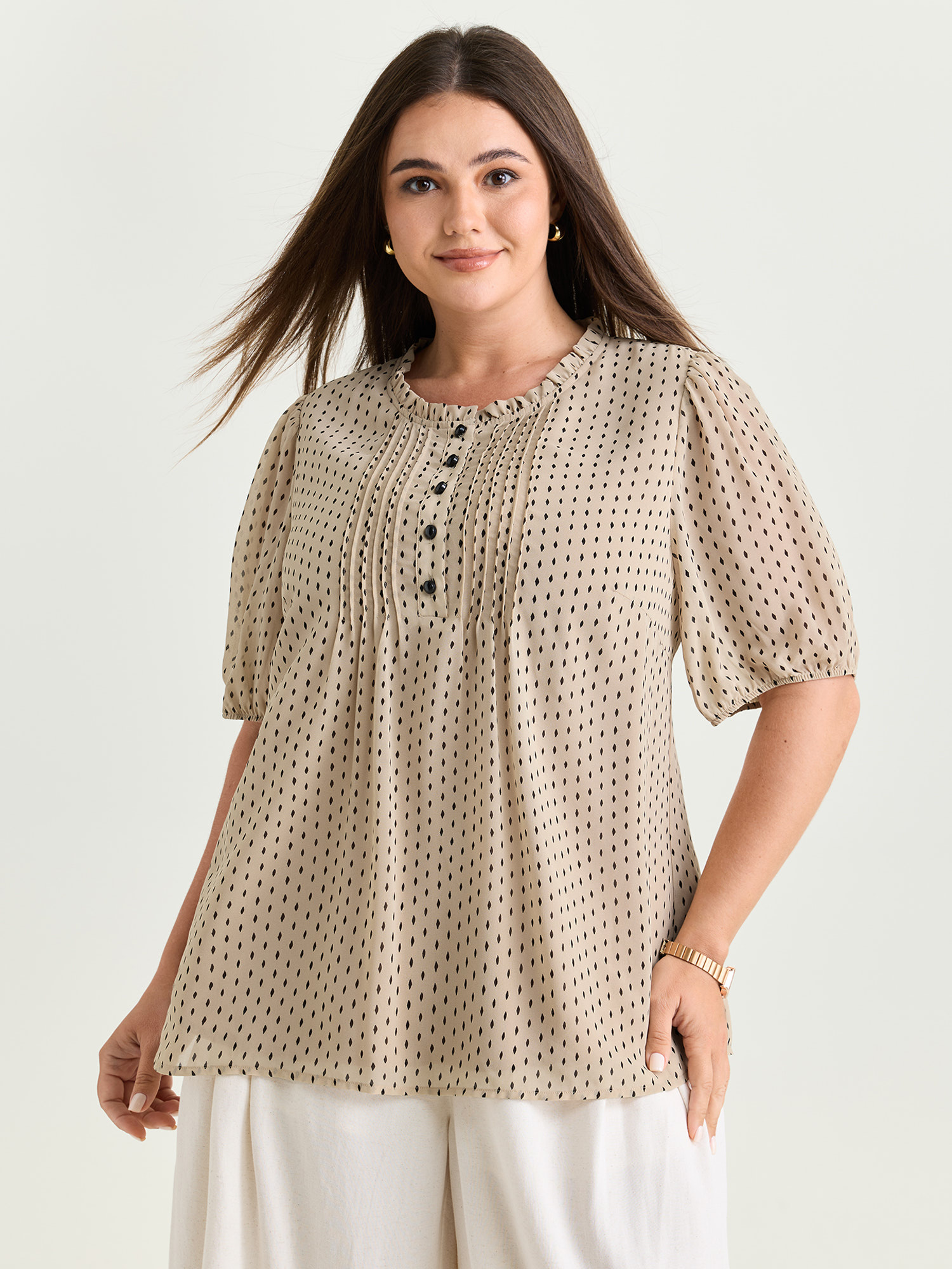 BloomChic Plus Size Geometric Print Pleated Ruffled Neck Blouse - Women's LightBrown Polka dots Round Neck Short sleeve Office Blouses 14/M
