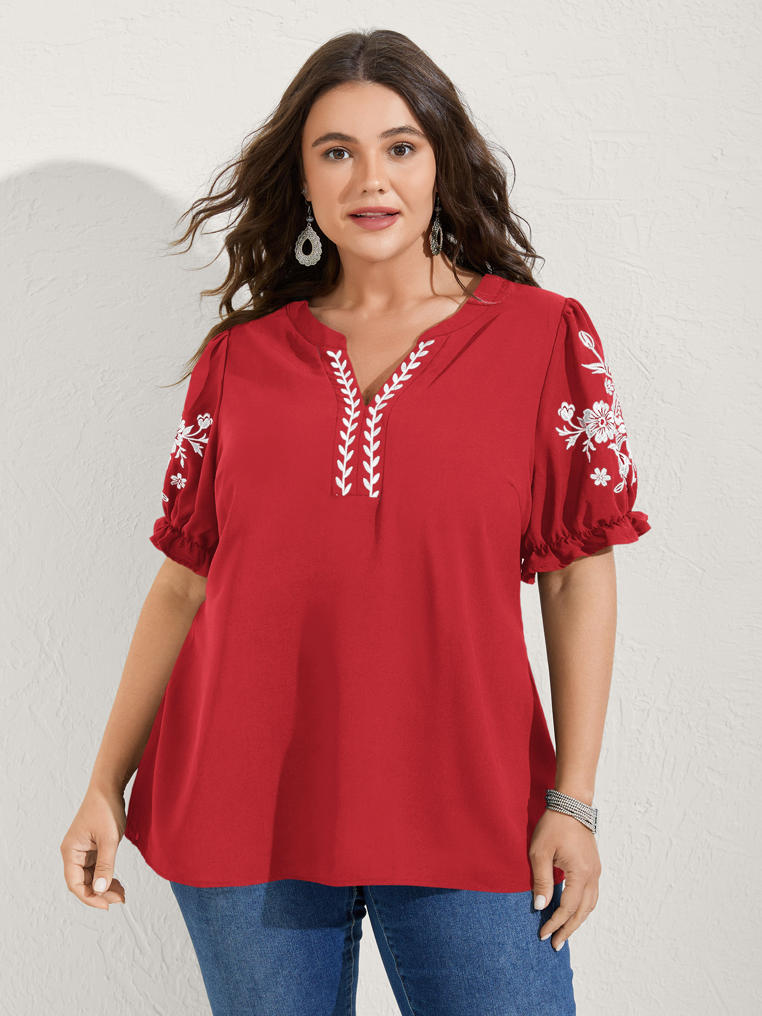 BloomChic Women's Plus Size Notched Collar Embroidered Ruffled Blouse Brightred Solid Vacation Short sleeve V-Notch Neck 22-24/3X