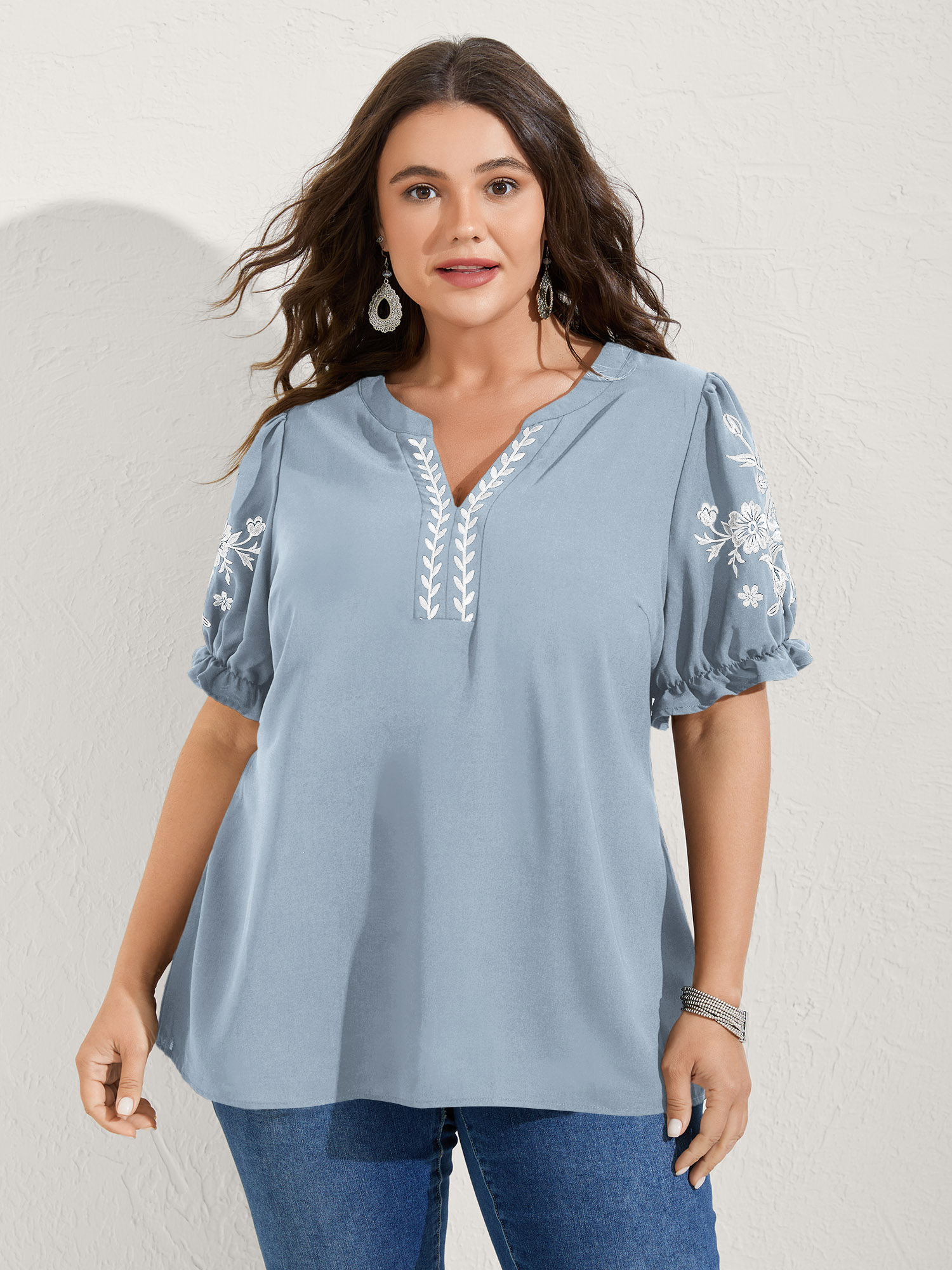 BloomChic Women's Plus Size Notched Collar Embroidered Ruffled Blouse LightBlue Solid Vacation Short sleeve V-Notch Neck 10/M