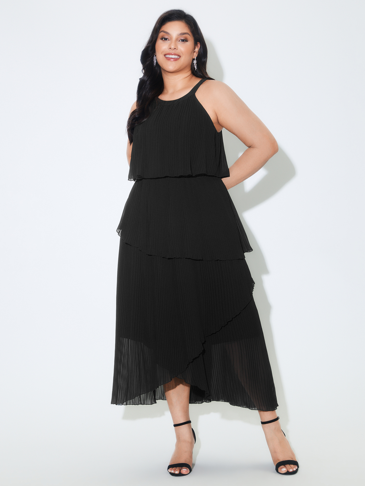 BloomChic Women's Plus Size Halter Neck Layered Pleated Texture Maxi Dress Black Party Maxi Wrap / Overlap Round Neck 18-20/2X-image-48230431097002