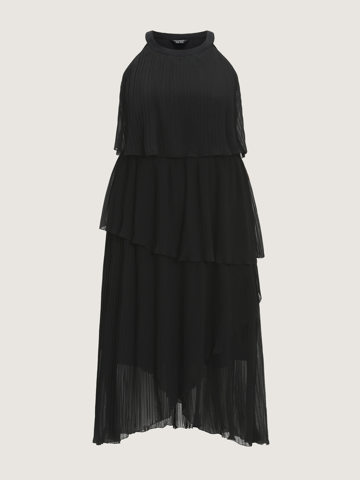 Side view of BloomChic Women's Plus Size Halter Neck Layered Pleated Texture Maxi Dress Black Party Maxi Wrap / Overlap Round Neck 18-20/2X