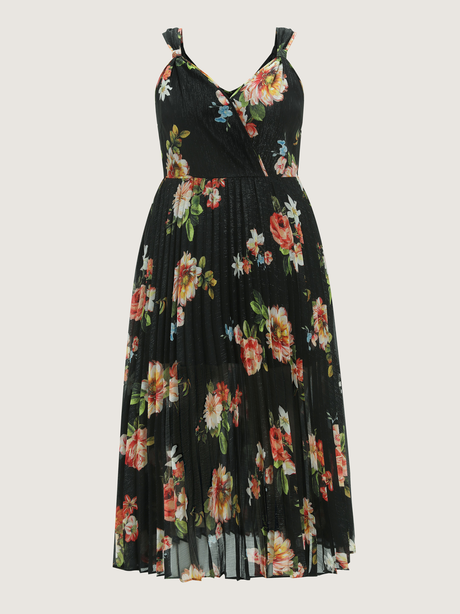 Side view of BloomChic Women's Plus Size Large Floral Print Pleated Flowy Maxi Dress BlackFlower Party Maxi Wrap / Overlap V-Neck 22-24/3X