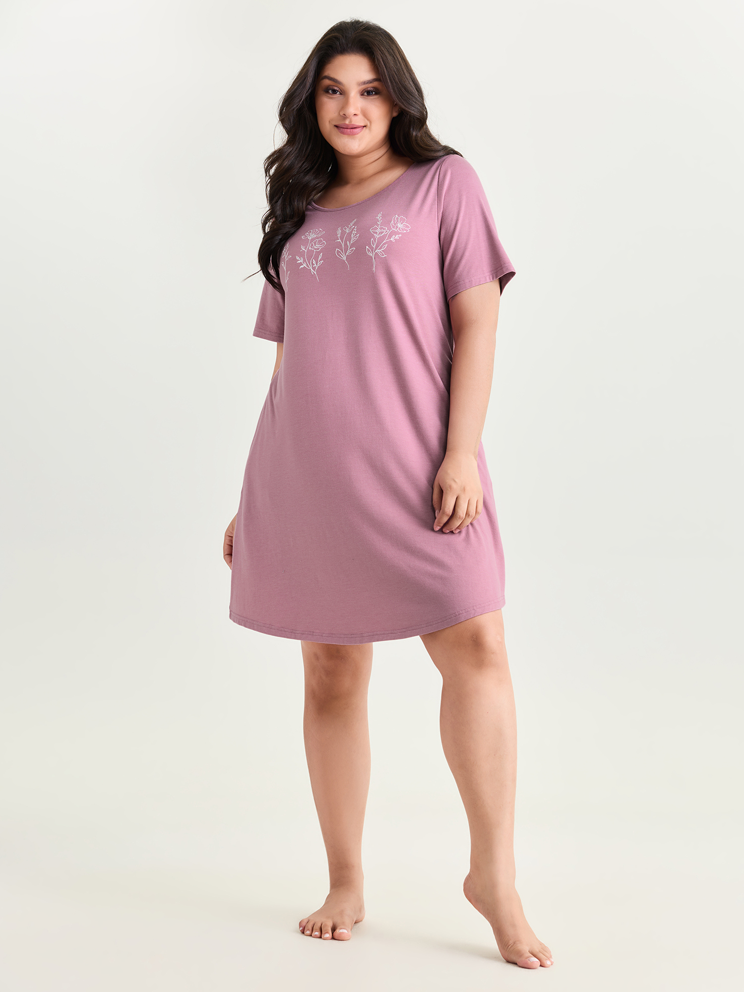 BloomChic Women's Plus Size Supersoft Floral Feel T-Shirt Nightgown DustyPink Short sleeve Knee Length Round Neck 28/5X-image-48230448464042