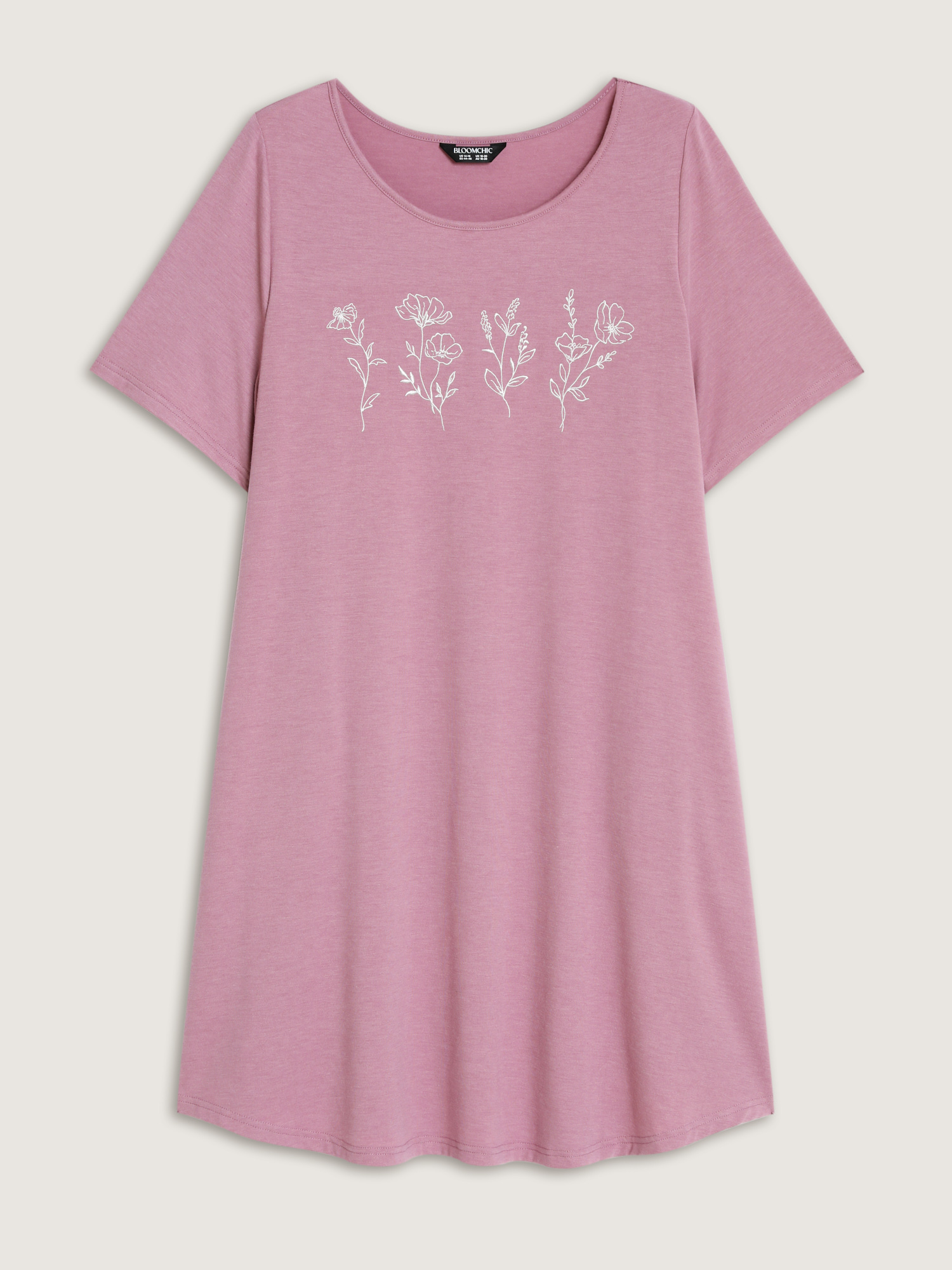 Side view of BloomChic Women's Plus Size Supersoft Floral Feel T-Shirt Nightgown DustyPink Short sleeve Knee Length Round Neck 22-24/3X