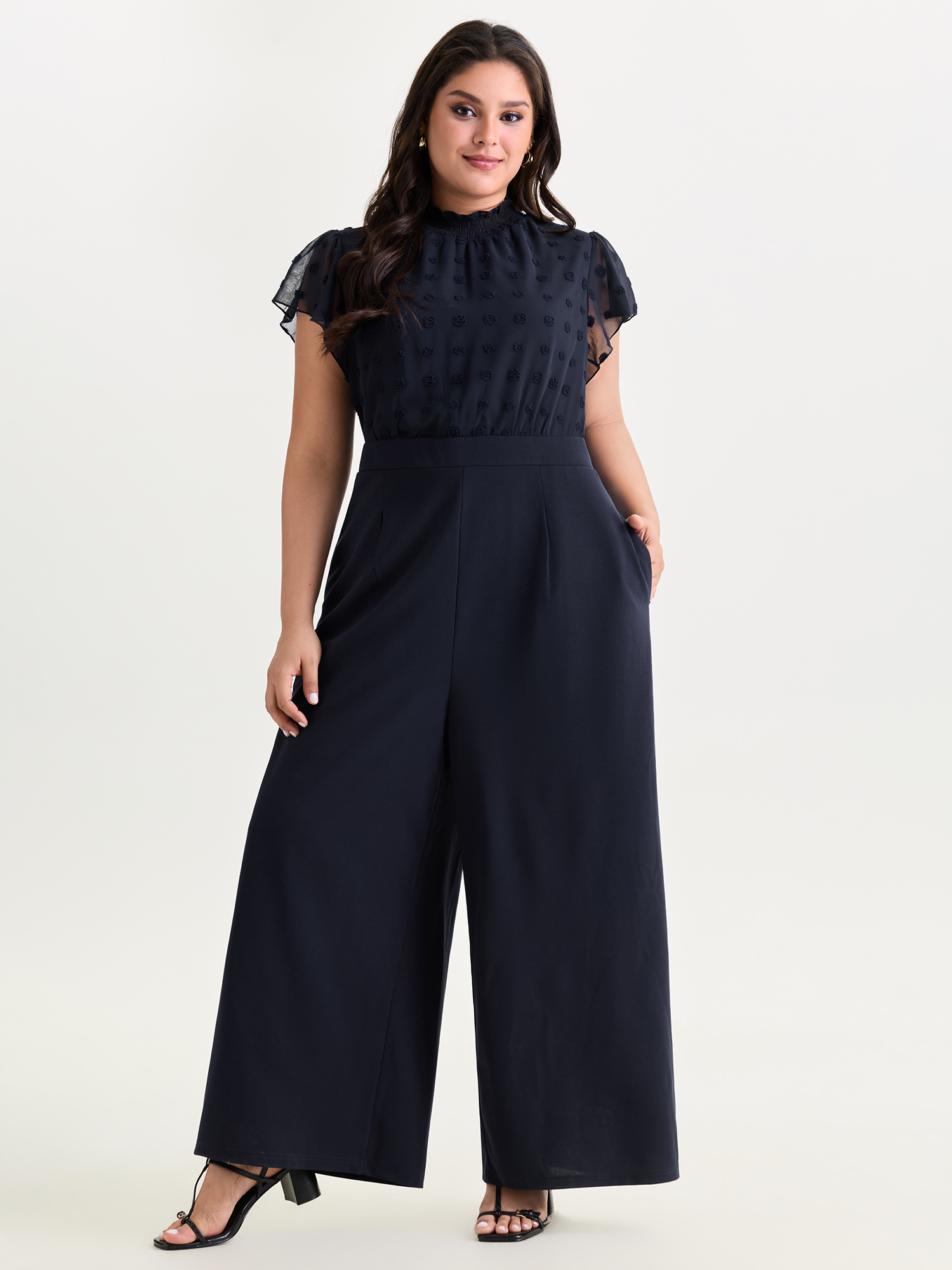 BloomChic Women's Plus Size Textured Mock Neck Ruffled Sleeve Jumpsuit DarkBlue Everyday-Elegant Fitted 18-20/2X
