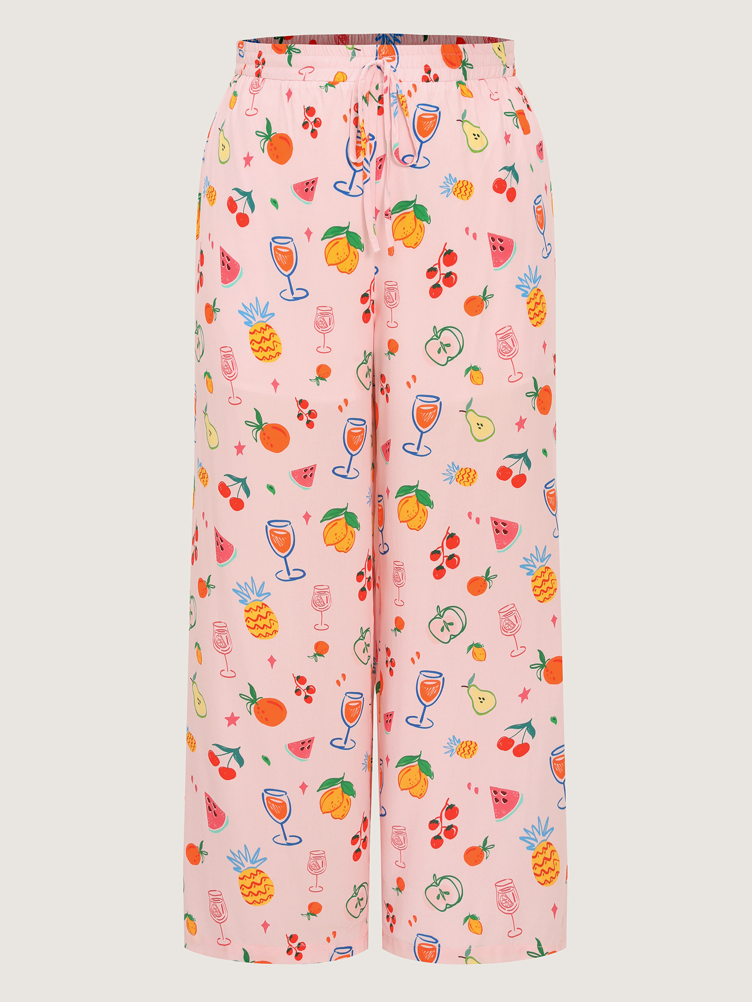 Side view of BloomChic Women's Plus Size Supersoft Playful Print Drawstring Pajama Bottoms Multicolor Fruit Lace-Up 26/4X