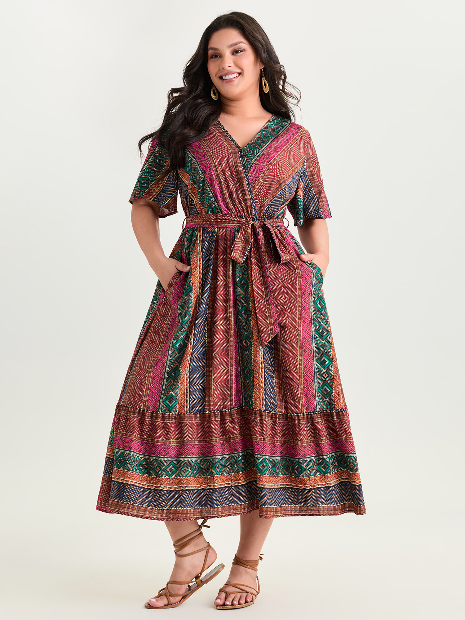 BloomChic Women's Plus Size Colorful Striped Print Waist-Tie Maxi Dress Multicolor Stripes Maxi Vacation Wrap / Overlap 30/6X