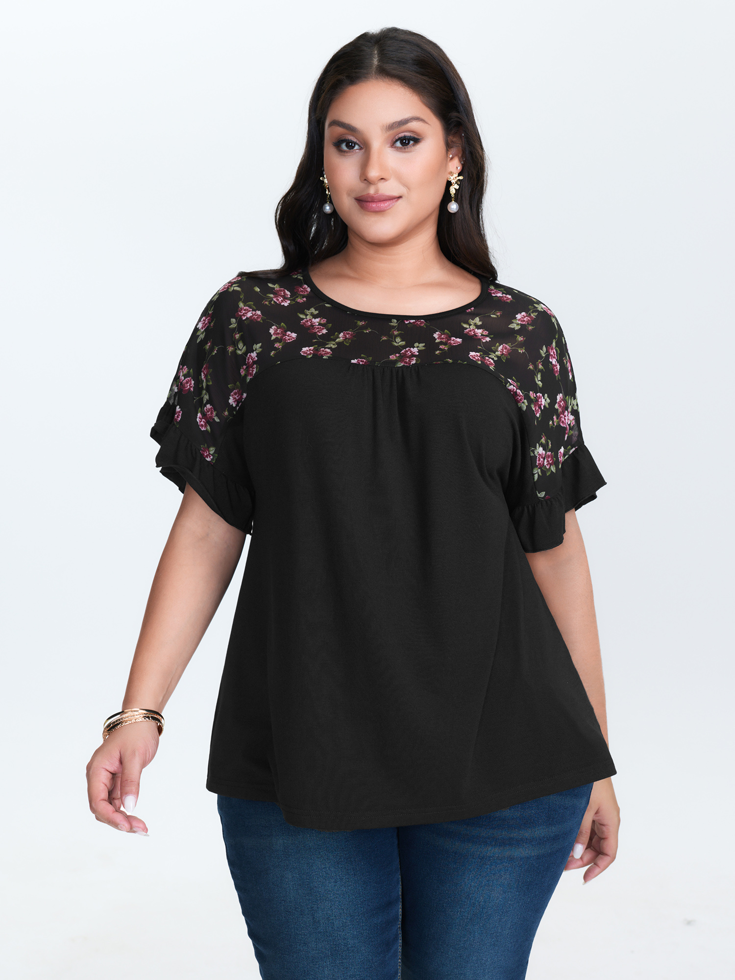 BloomChic Women's Plus Size Sheer Floral Print Contrast Knit Top Black Short sleeve Everyday-Elegant 10/M