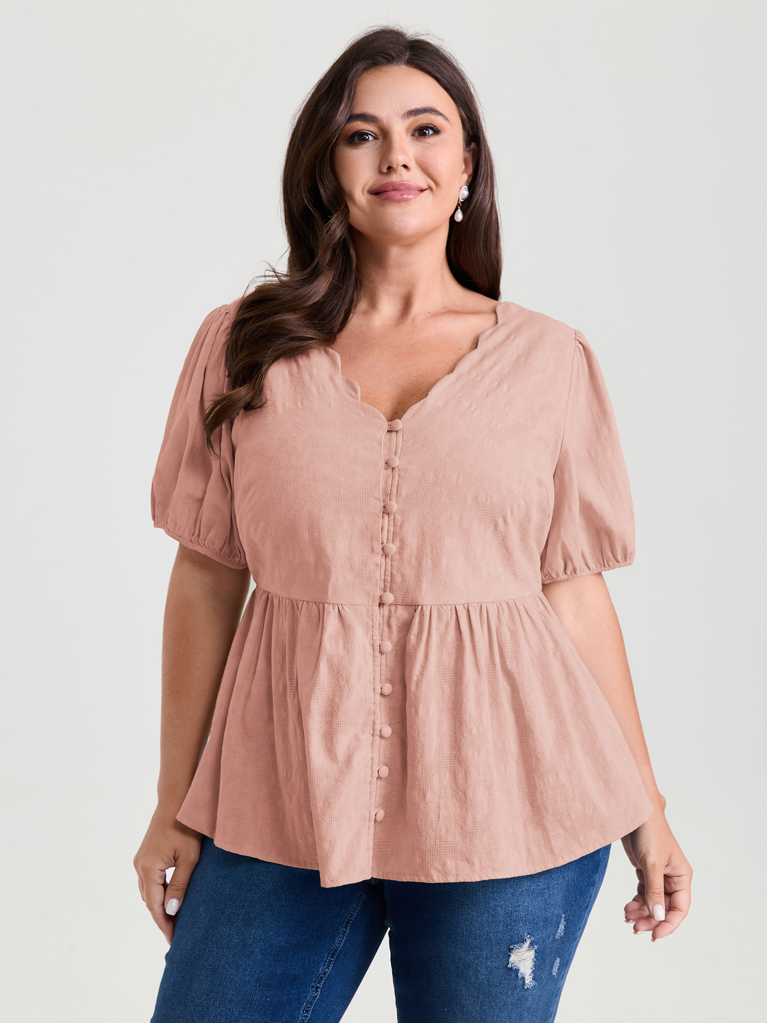 BloomChic Women's Plus Size Textured Fit And Flare Plain Blouse DustyPink Everyday-Elegant Short sleeve 10/M