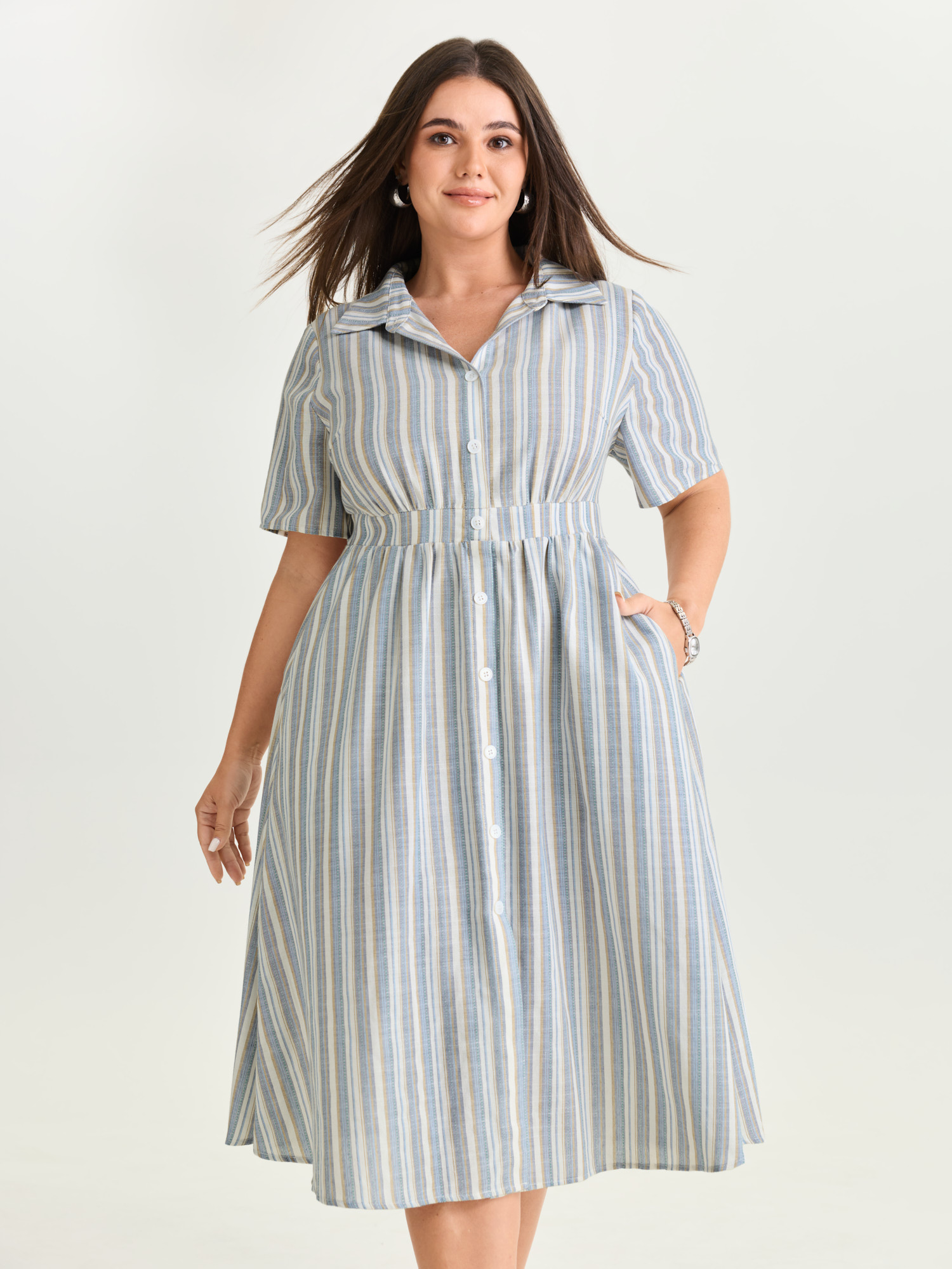BloomChic Women's Plus Size Cotton Linen Blend Striped Print Midi Dress LightBlue Stripes Midi Office Button Front 14-16/1X