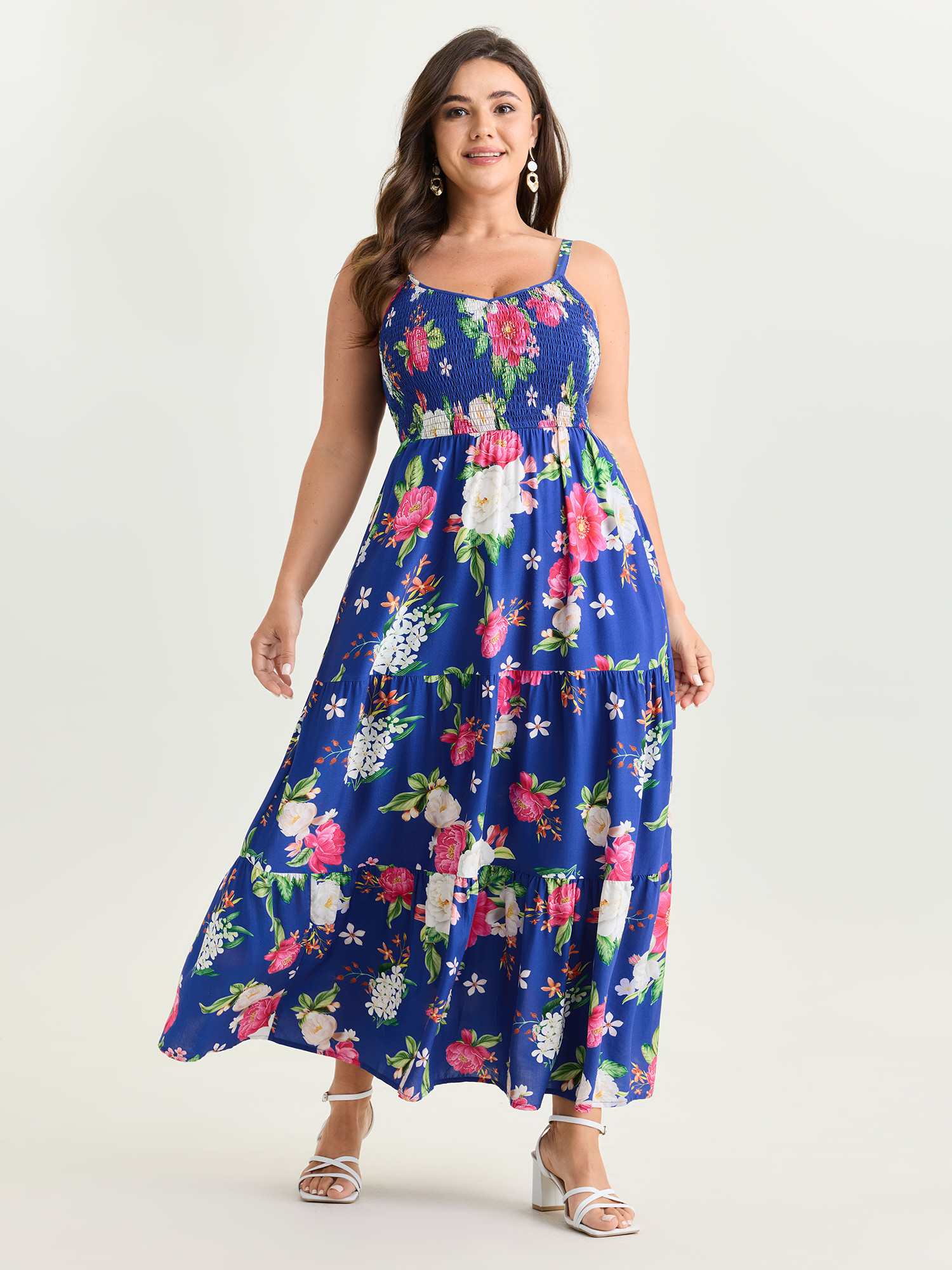 BloomChic Women's Plus Size Floral Print Shirred Bodice Breezy Midi Dress DarkBlue Maxi Elegant Smocked 18-20/2X
