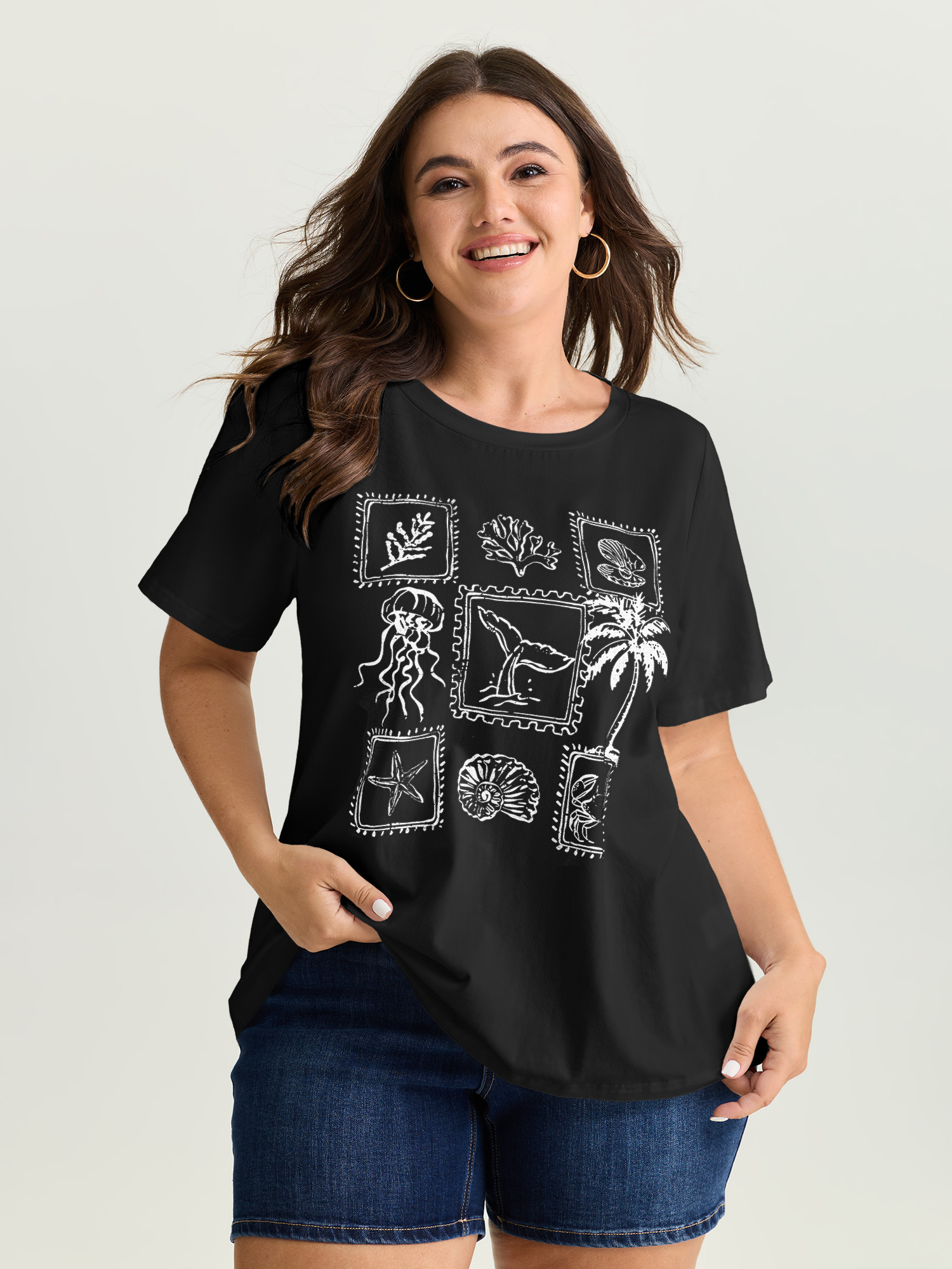 BloomChic Women's Plus Size Cotton Ocean Calling Plain T-Shirt Black Tropical Everyday-Casual Short sleeve 10/M