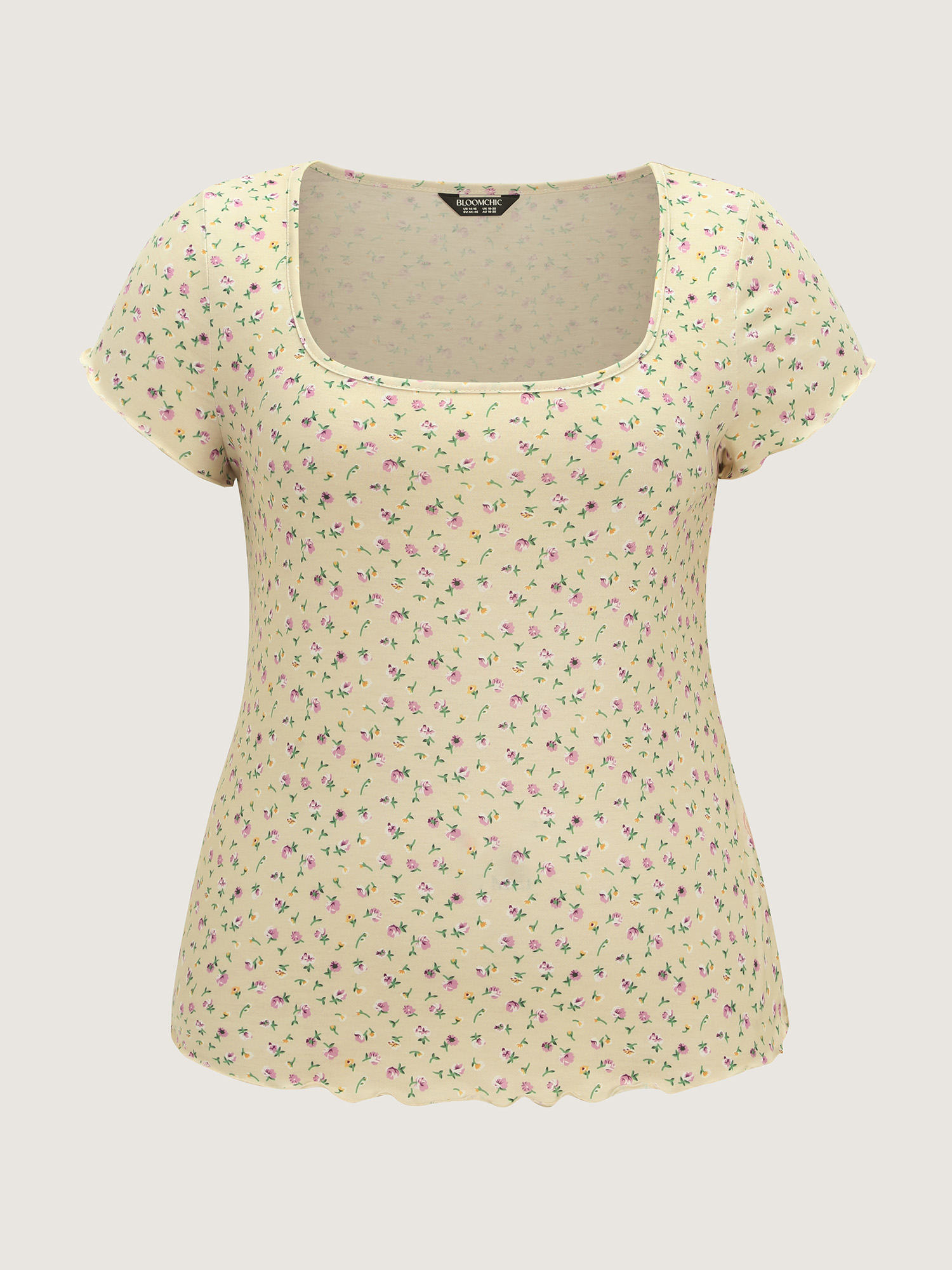 Side view of BloomChic Women's Plus Size Stretchy Floral Print Square Neckline T-Shirt Apricot Ditsy Floral Casual Short sleeve U-Neck 30/6X