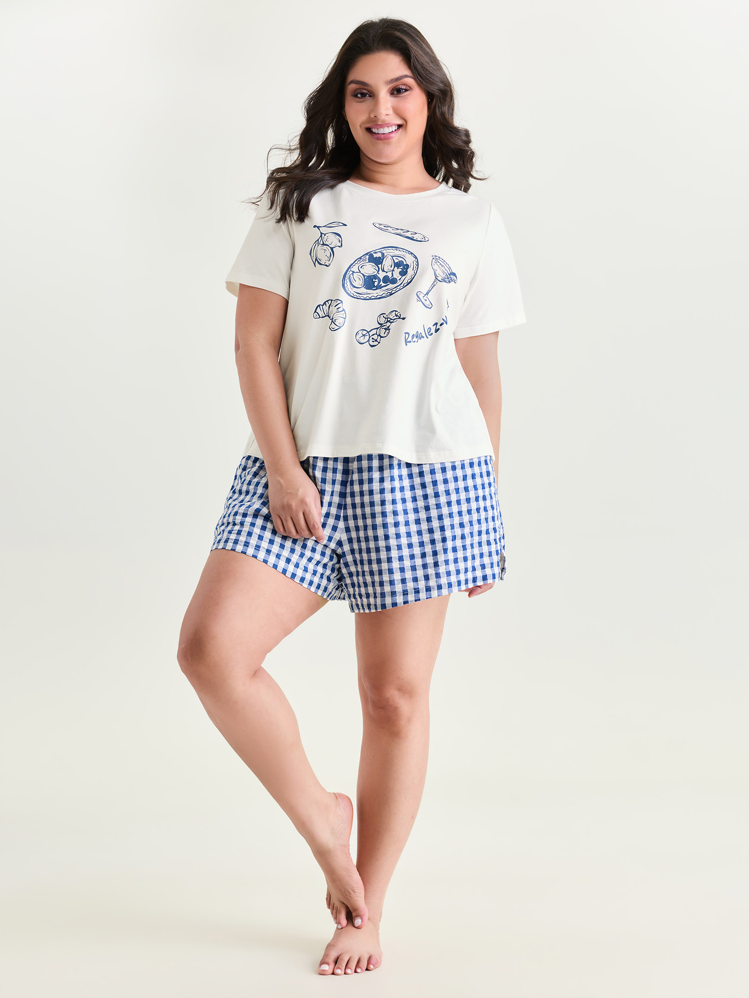 BloomChic Women's Plus Size Cotton Bagel Print Color Contrast Pajama Set DarkBlue 30/6X-image-48236478496938