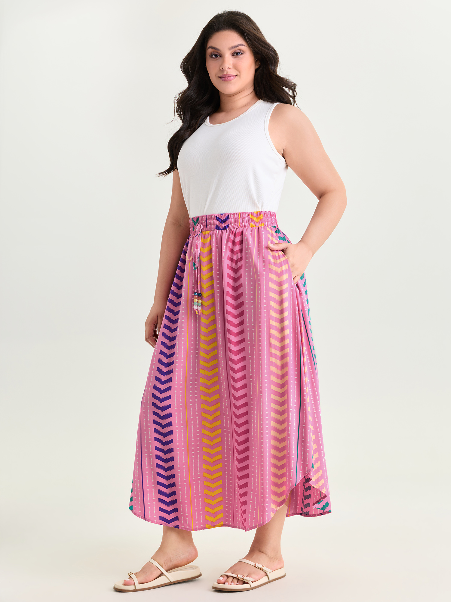 BloomChic Women's Plus Size Geometric Striped Print Drawstring Maxi Skirt Peach Lace-Up Non Everyday-Casual 10/M