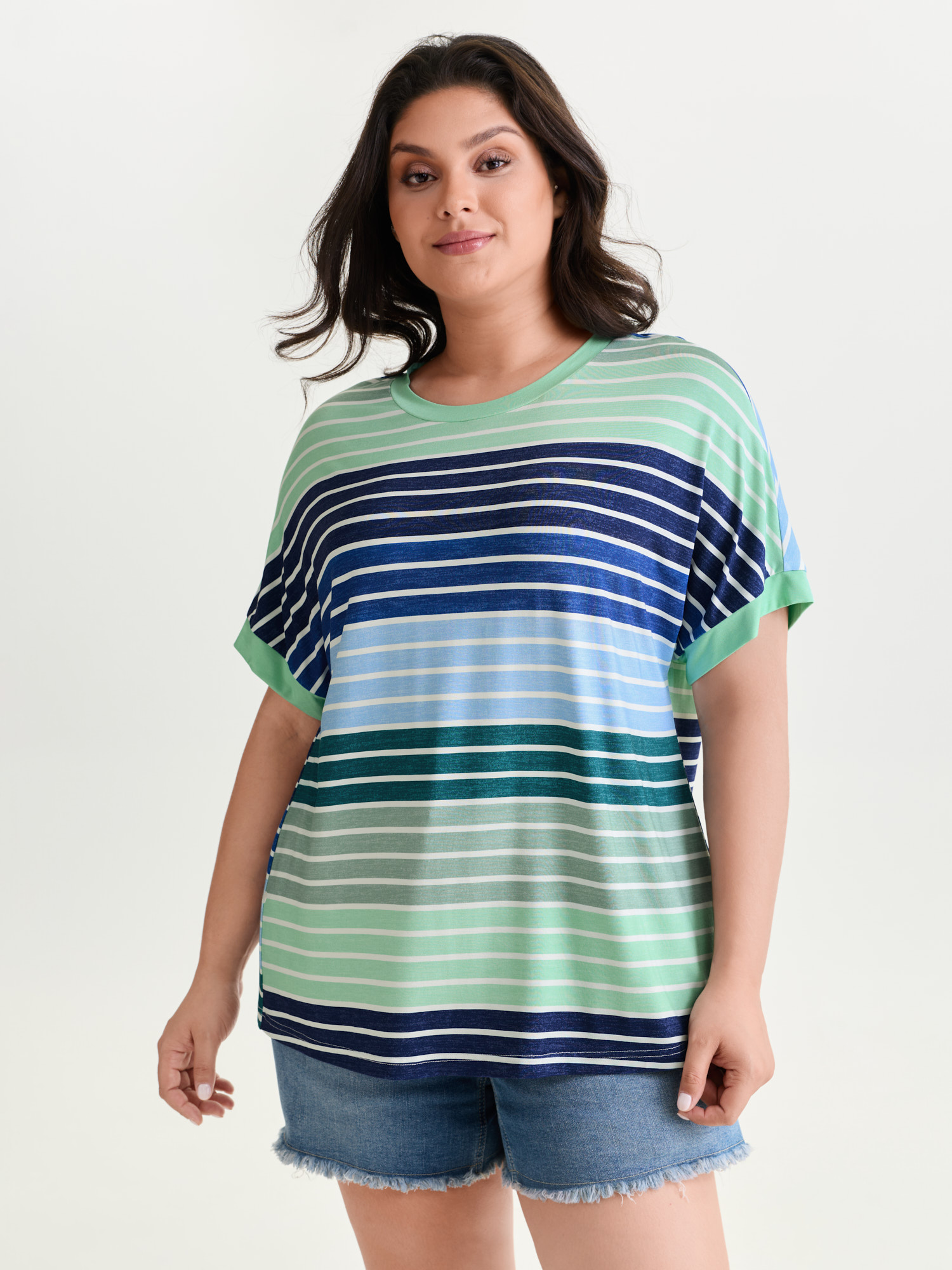 BloomChic Women's Plus Size Colorful Gradient Stripe Round Neck T-Shirt Indigo Stripes Everyday-Casual Short sleeve Round Neck 10/M