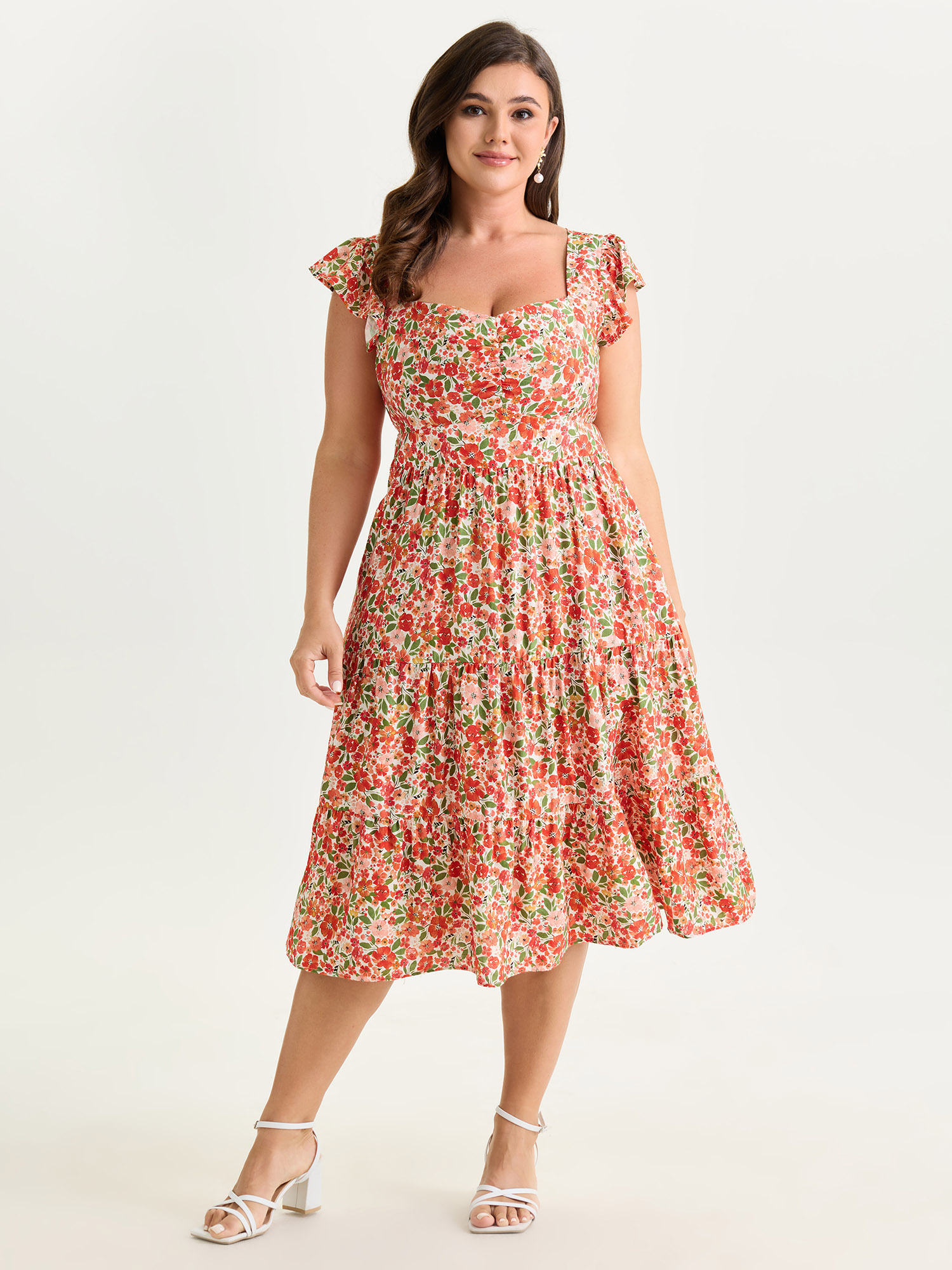BloomChic Women's Plus Size Floral Print Sweetheart Neckline Midi Dress OrangeRed Ditsy Floral Maxi Elegant 26/4X