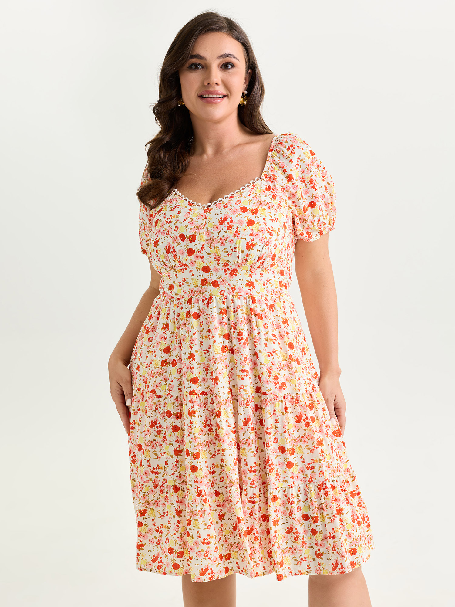BloomChic Plus Size Floral Print Cinched-Waist Mini Dress - Curve Ladies Multicolor Elegant Short sleeve Ditsy Floral Side Pocket Daily Dresses 14/M