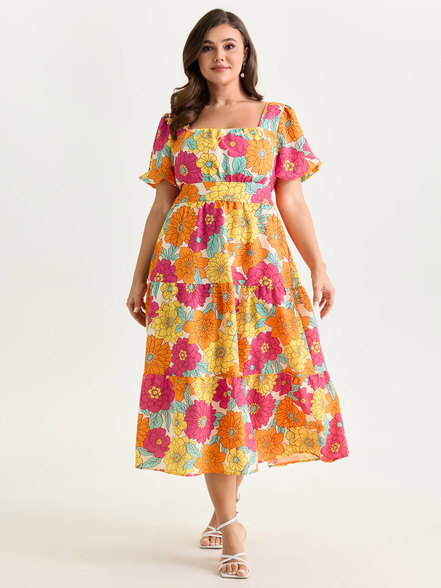 BloomChic Plus Size Bright Floral Print Shirred Midi Dress - Curve Ladies Multicolor Elegant Short sleeve Ditsy Floral Side Pocket Daily Dresses 16/L
