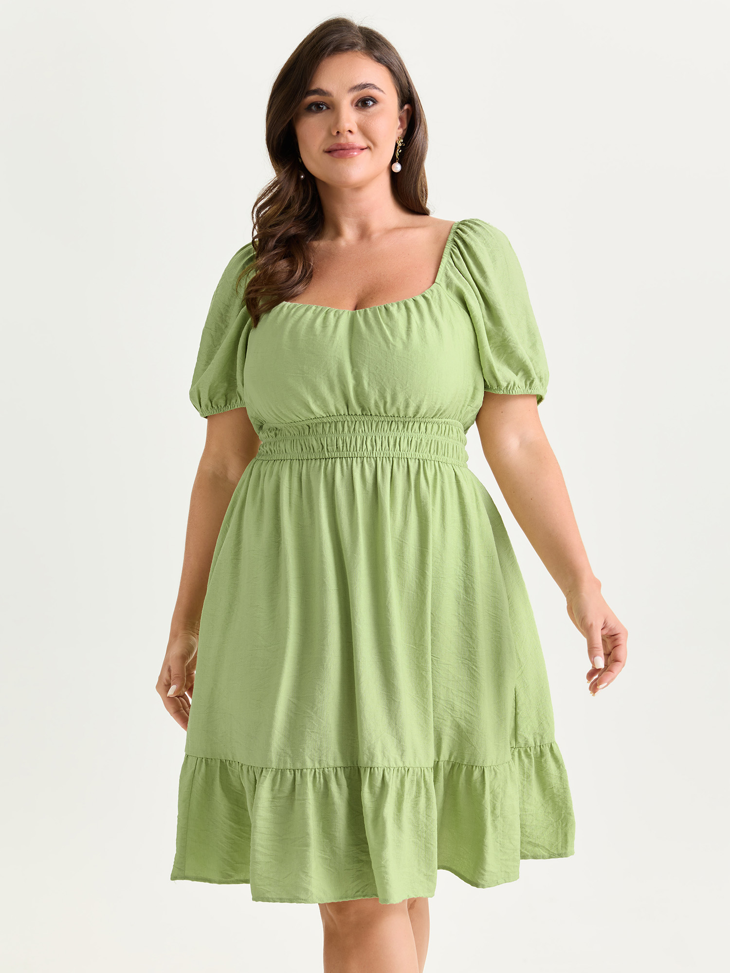BloomChic Plus Size Shirred Waist Puff Sleeve Mini Dress - Curve Ladies LightGreen Elegant Short sleeve Solid Side Pocket Daily Dresses 16/L