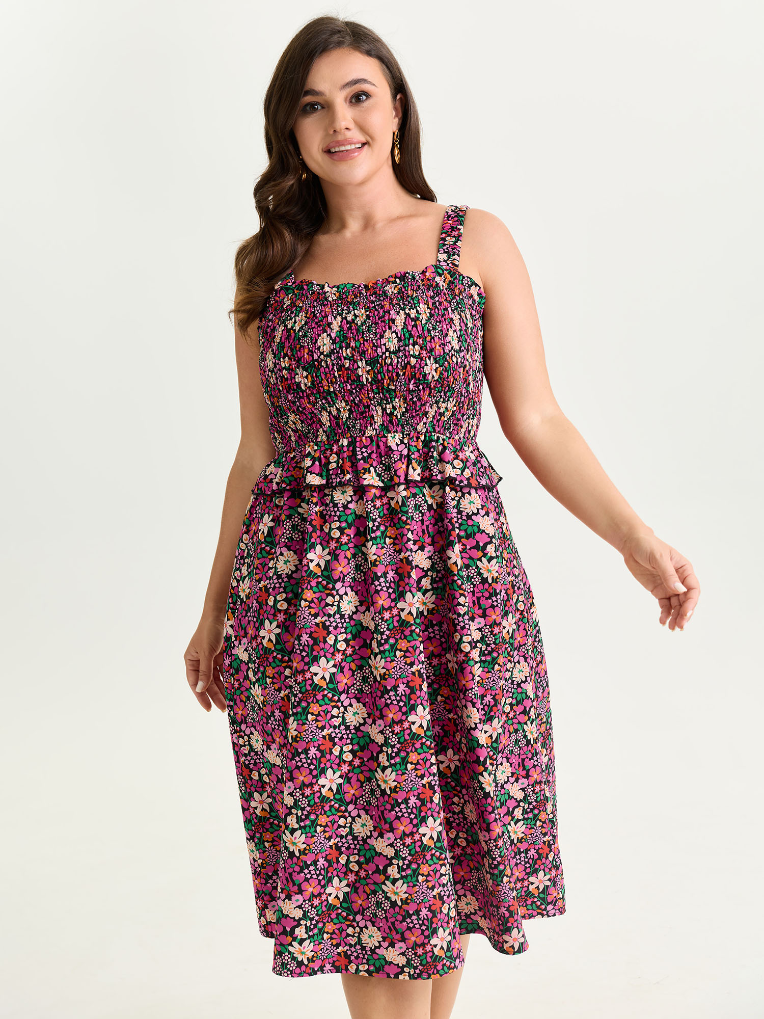 BloomChic Plus Size Floral Print Shirred Bodice Layered Midi Dress - Curve Ladies BlackFlower Elegant Sleeveless Ditsy Floral Side Pocket Daily Dresses 14/M