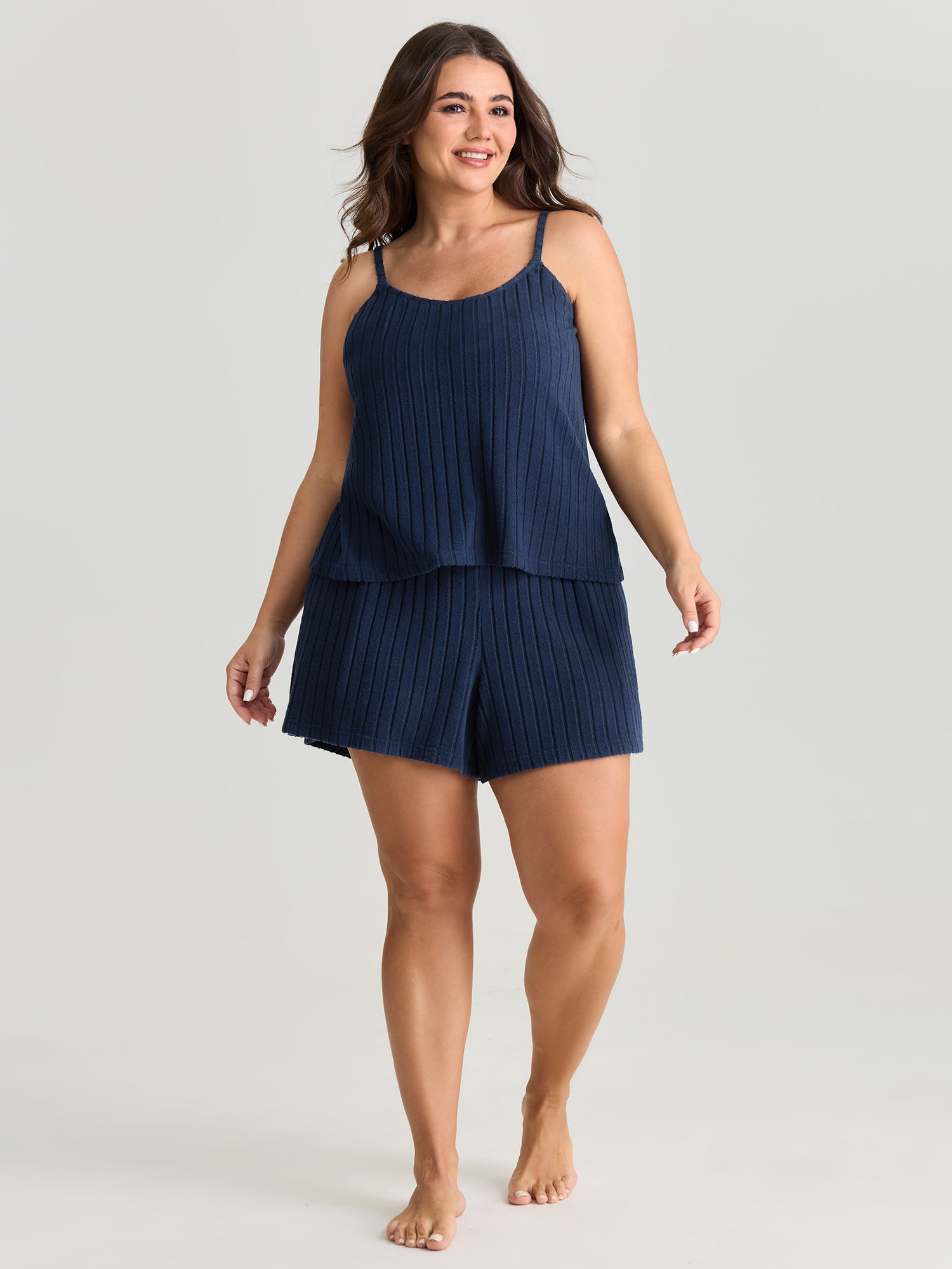 Side view of BloomChic Women's Plus Size Textured Stretchy Co-Ord Lounge Set Indigo Solid Sleeveless Non 18-20/2X