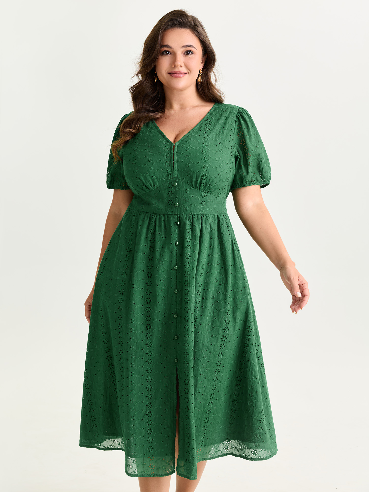 BloomChic Plus Size Cotton Eyelet Trim Cinched-Waist Midi Dress - Curve Ladies Teal Elegant Short sleeve Else Side Pocket Daily Dresses 14/M