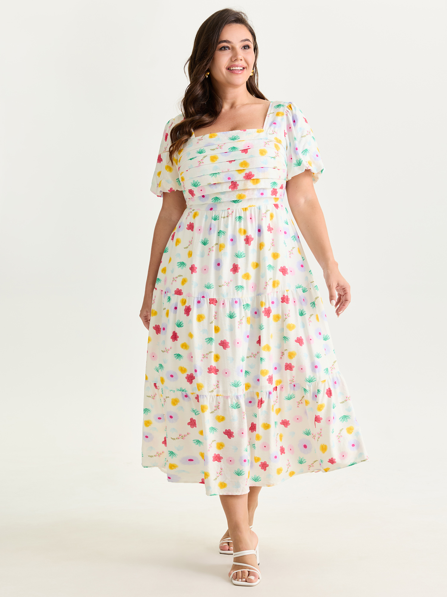 BloomChic Plus Size Playful Floral Print Pleated Flowy Midi Dress - Curve Ladies Ivory Elegant Short sleeve Ditsy Floral Side Pocket Daily Dresses 14/M