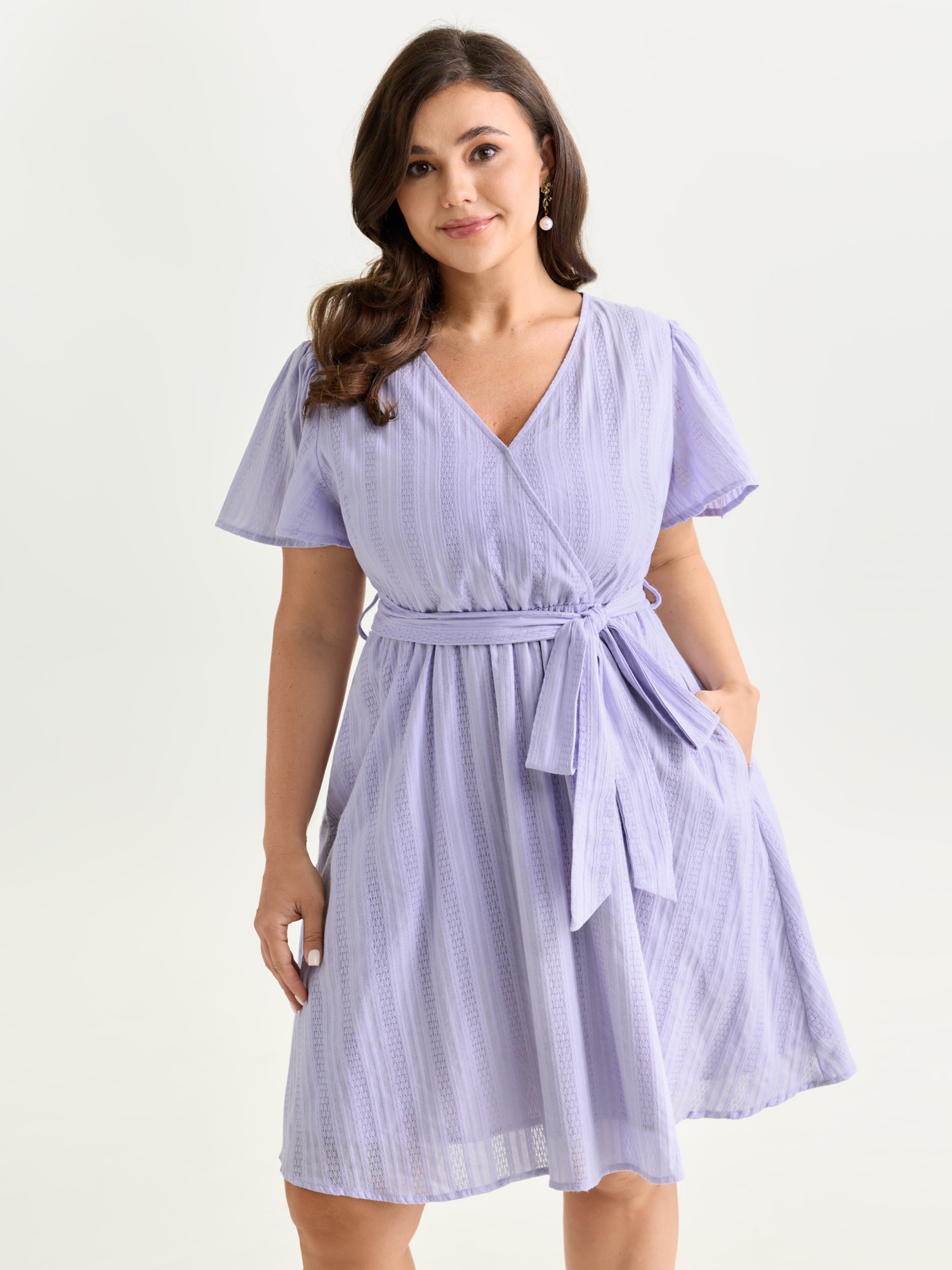 BloomChic Women's Plus Size Cotton Textured Waist-Defining Tie Mini Dress Lilac Solid Midi Everyday-Elegant Lace-Up 12/L