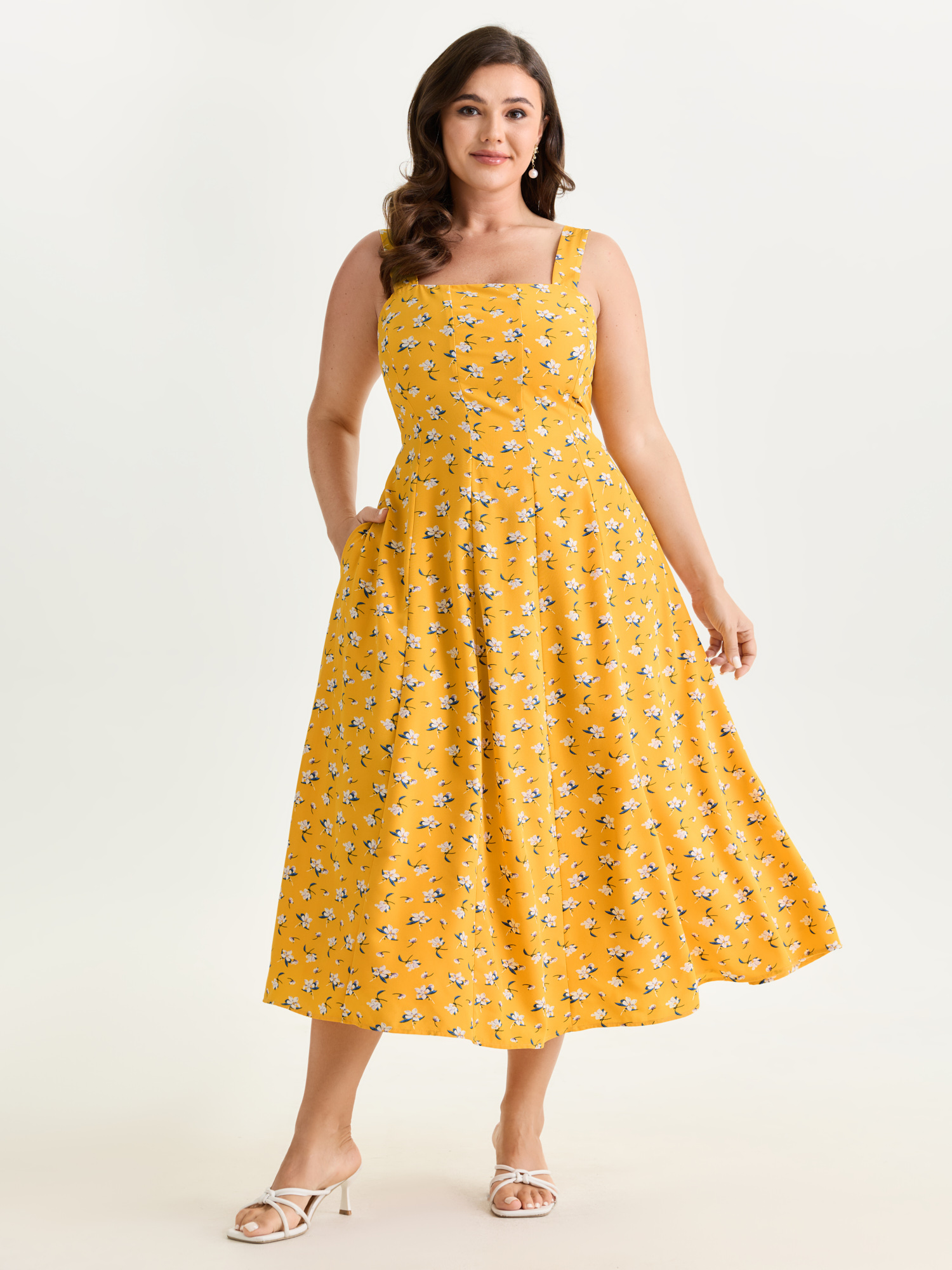 BloomChic Plus Size Vibrant Floral Print Waist-Defining Midi Dress - Curve Ladies Lemonyellow Elegant Sleeveless Ditsy Floral Side Pocket Daily Dresses 16/L