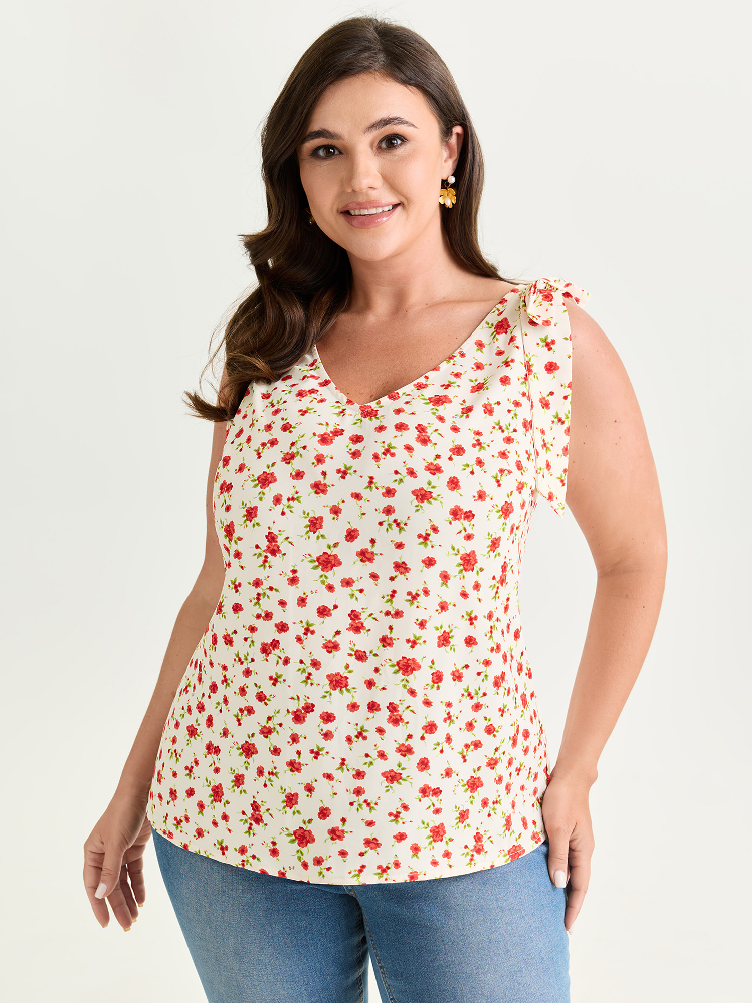 BloomChic Women's Plus Size Floral Print Bowknot Shoulder Tank Top Raspberry Elegant Relaxed Fit A-line V-Neck 26/4X