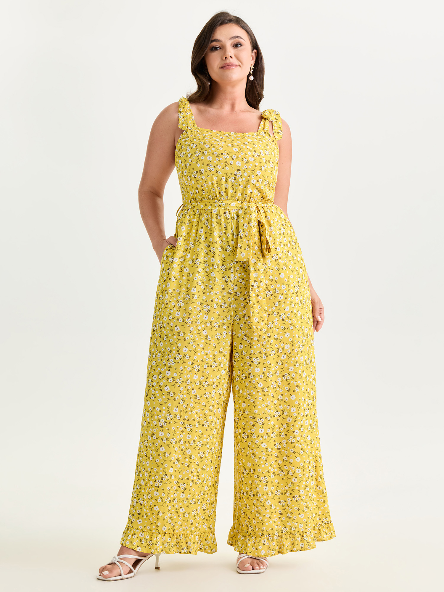 BloomChic Plus Size Floral Print Shoulder-Tie Ruffled Hem Jumpsuit - Curve Women's Lemonyellow Playsuit - Side Pocket Wide leg Jumpsuits 22-24/2X