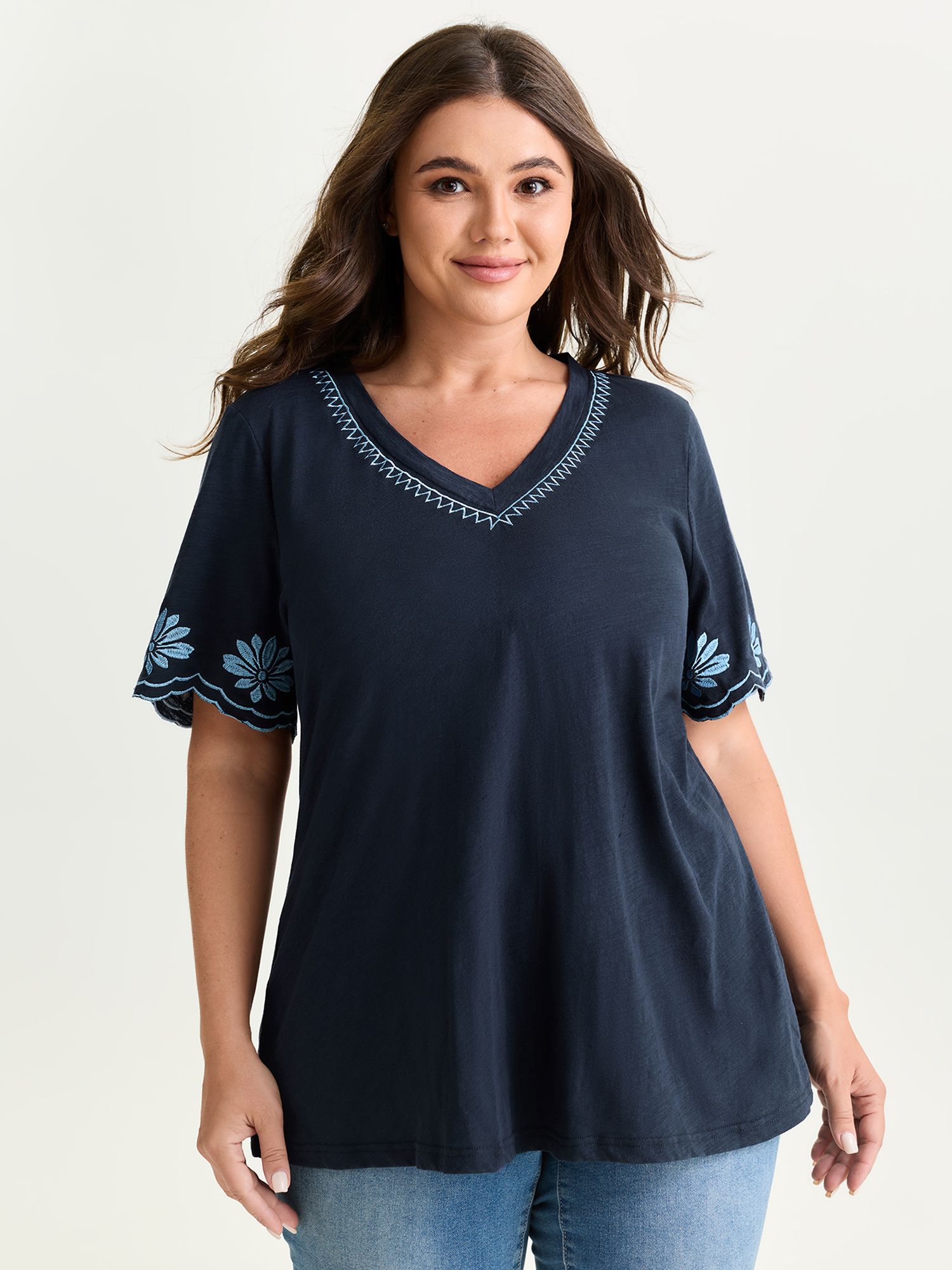 BloomChic Plus Size Cotton Stretchy V-Neck Floral Print T-Shirt - Women's DarkBlue Solid V-Neck Comfort Midsection Fit Short sleeve Americana Daily T-shirts 18-20/1X