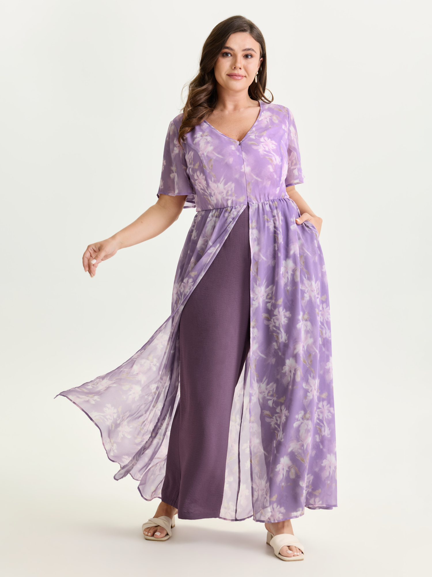 BloomChic Plus Size Hidden Zipper Floral Layered Pockets Jumpsuit - Curve Women's Lilac Playsuit - Comfort Midsection Fit Wide leg Jumpsuits 14/M