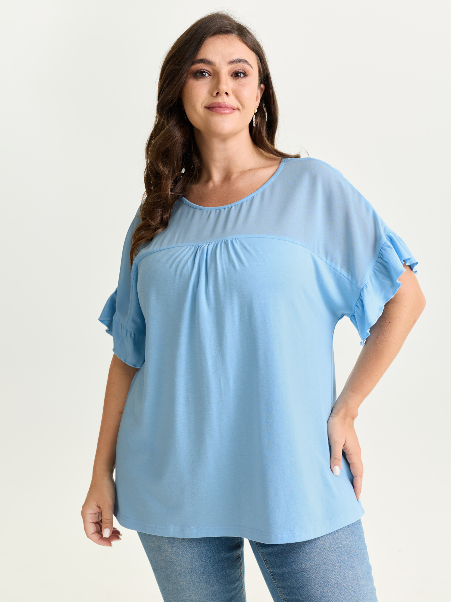 BloomChic Women's Plus Size Sheer Floral Print Contrast Knit Top LightBlue Short sleeve Everyday-Elegant 10/M