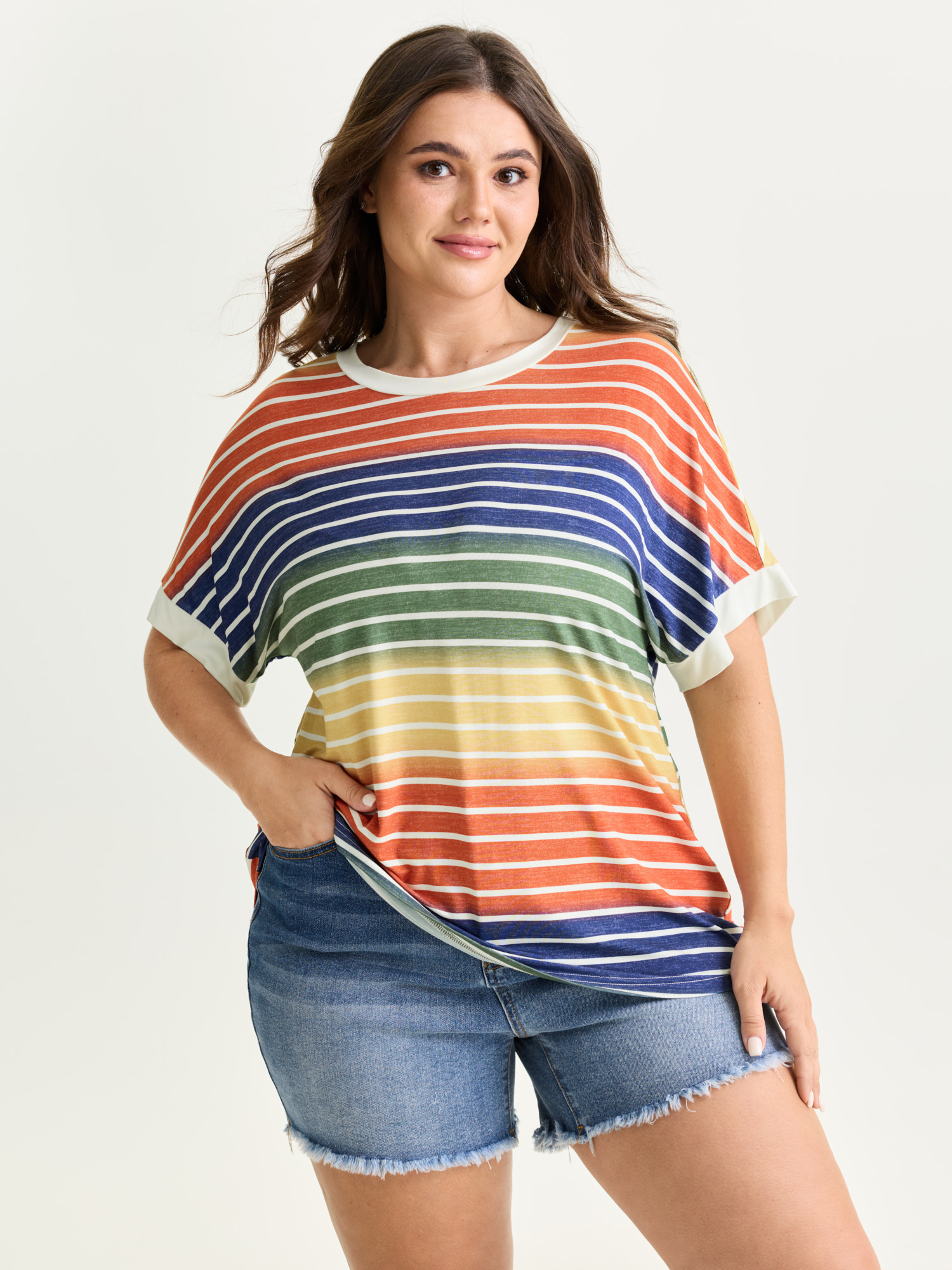 BloomChic Women's Plus Size Colorful Gradient Stripe Round Neck T-Shirt Browncoffeecolor Stripes Everyday-Casual Short sleeve Round Neck 10/M