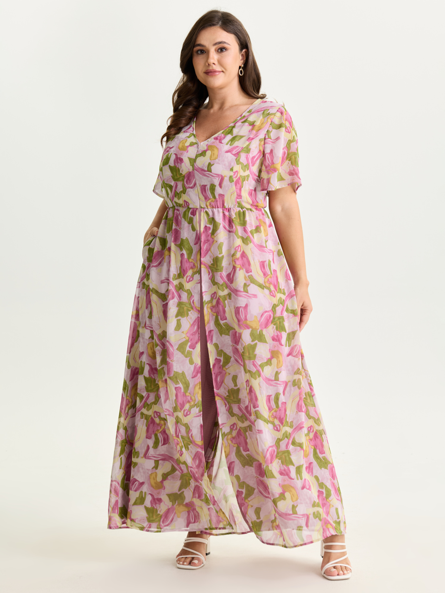 BloomChic Plus Size Hidden Zipper Floral Layered Pockets Jumpsuit - Curve Women's Beanpastepowder Playsuit - Comfort Midsection Fit Wide leg Jumpsuits 14/M