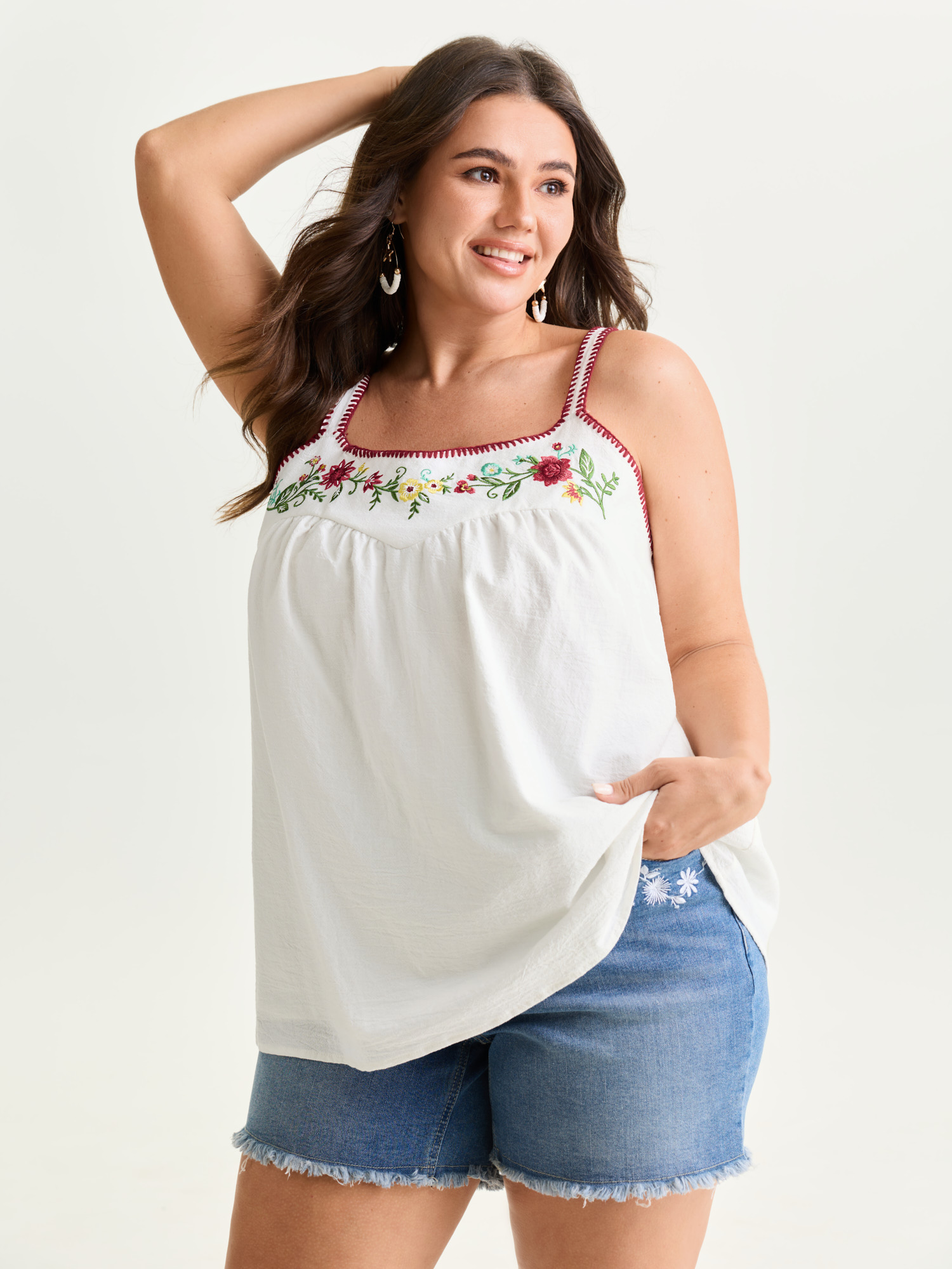 BloomChic Women's Plus Size Pure Cotton Floral Embroidered Neckline Tank Top Originalwhite Vacation A-line 22-24/3X