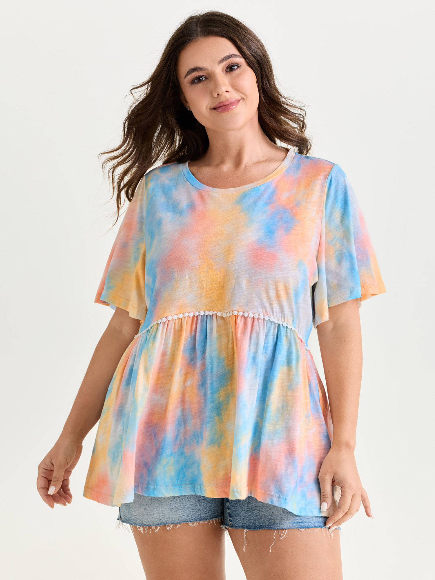 BloomChic Women's Plus Size Cotton Color Gradient Fit And Flare Knit Top Multicolor Short sleeve Everyday-Casual Round Neck 10/M