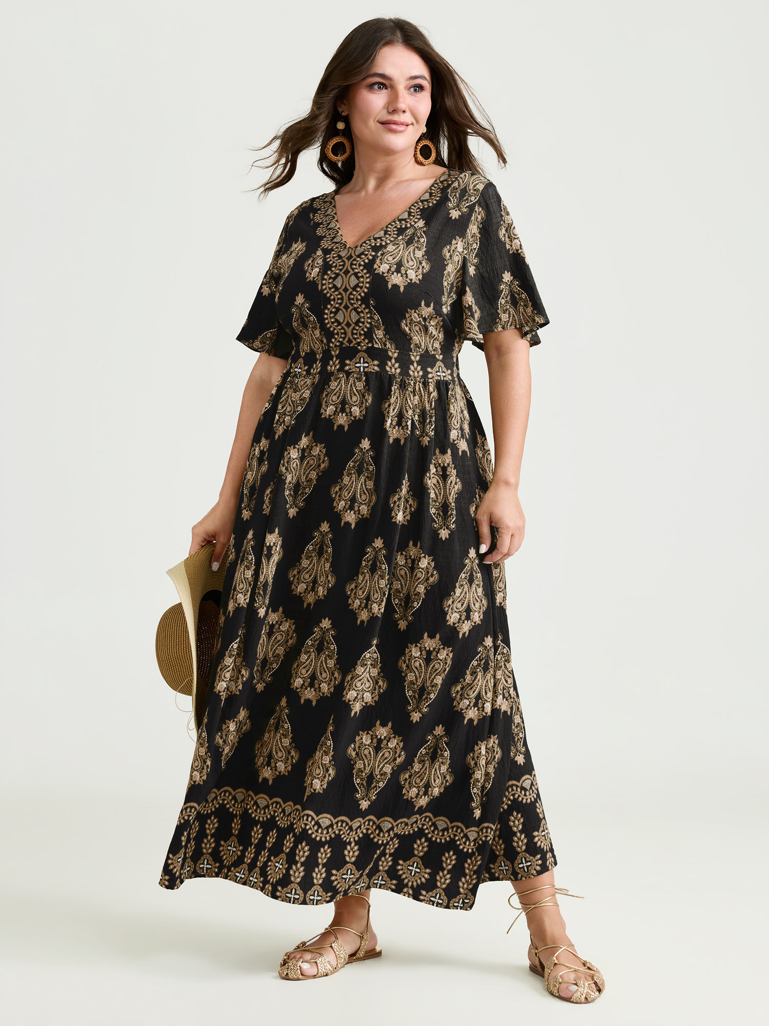 BloomChic Plus Size Paisley Print Pockets Shirred Waist Maxi Dress - Curve Ladies BlackFlower Boho Short sleeve Ethnic Floral Side Pocket Daily Dresses 14/M