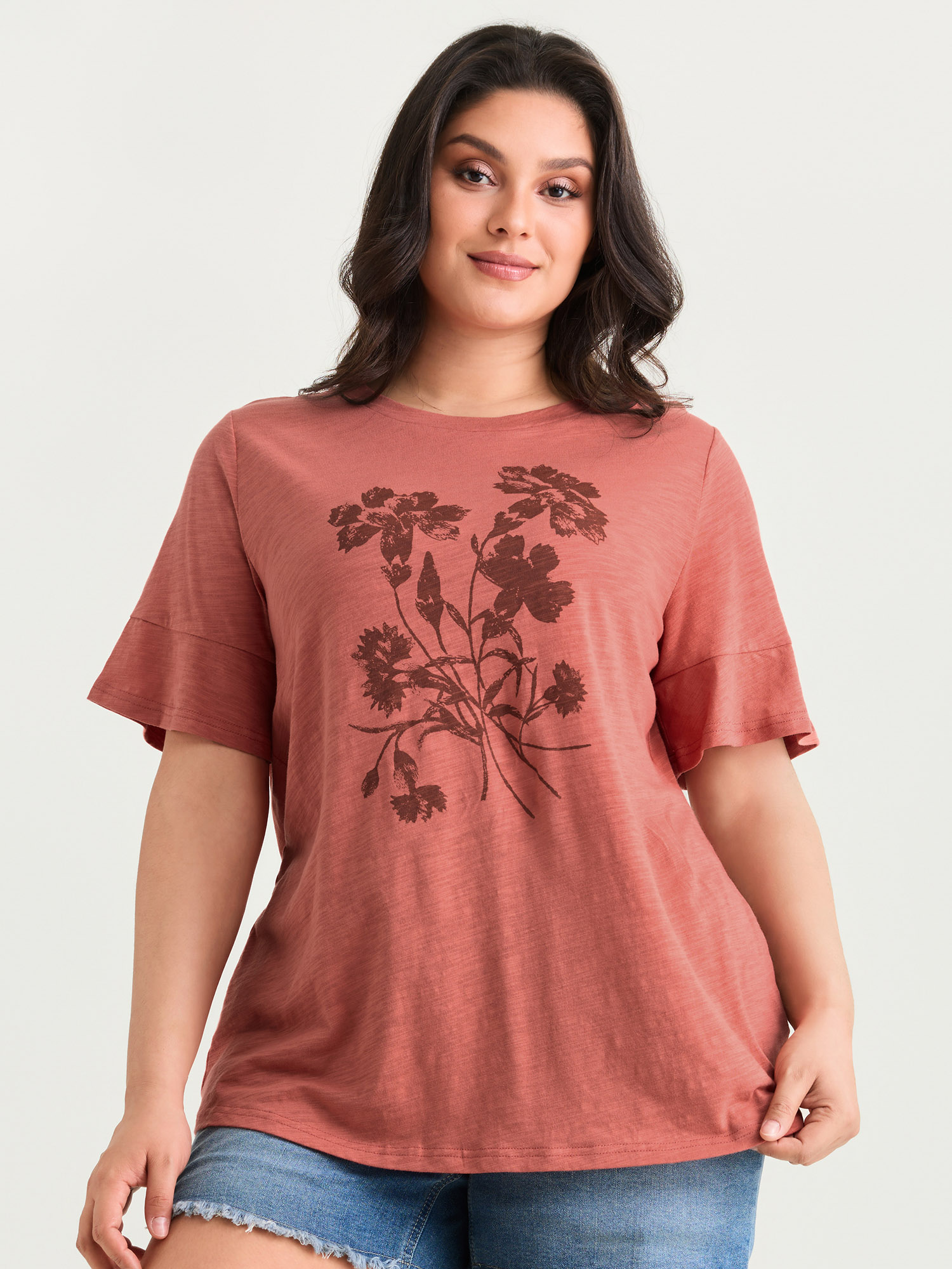BloomChic Women's Plus Size Cotton Floral Print Round Neck T-Shirt OrangeRed Solid Everyday-Casual Short sleeve Round Neck 10/M