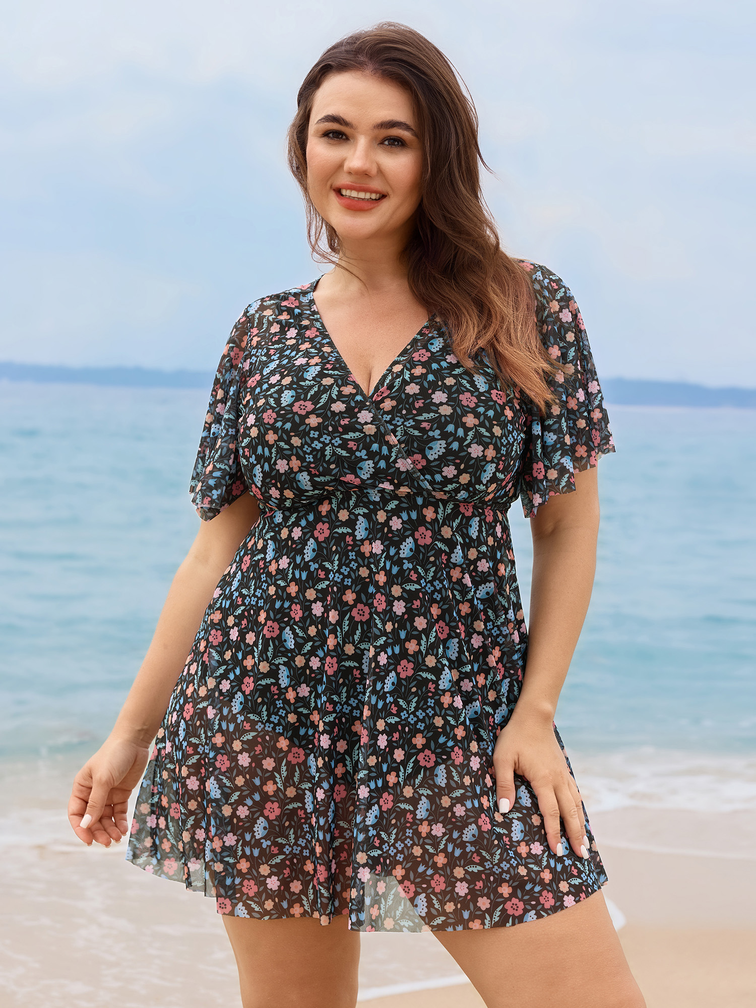 BloomChic Women's Plus Size Colorful Sheer Floral Print Swim Dress BlackFlower Ditsy Floral Mesh Panel Adaptive-Fit 28/5X